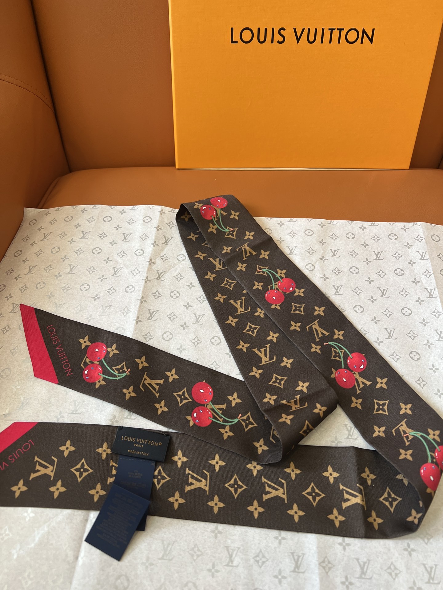 Lv x TM Denim Cerise Silk Hair Scarf