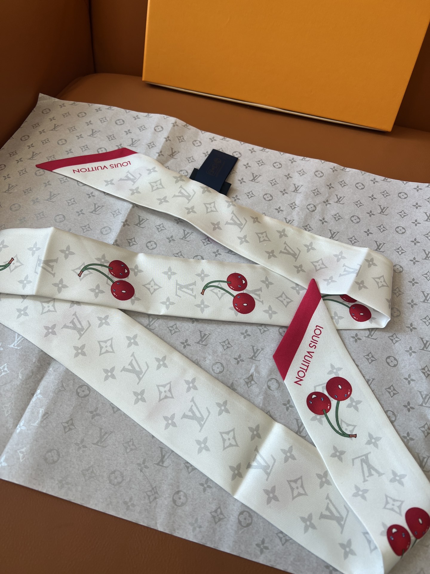 Lv x TM Denim Cerise Silk Hair Scarf
