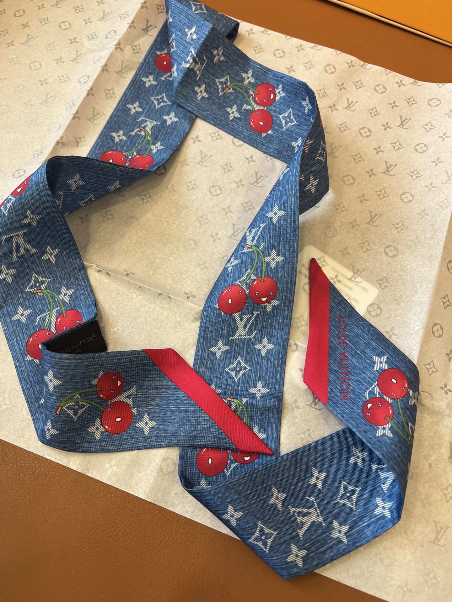 Lv x TM Denim Cerise Silk Hair Scarf