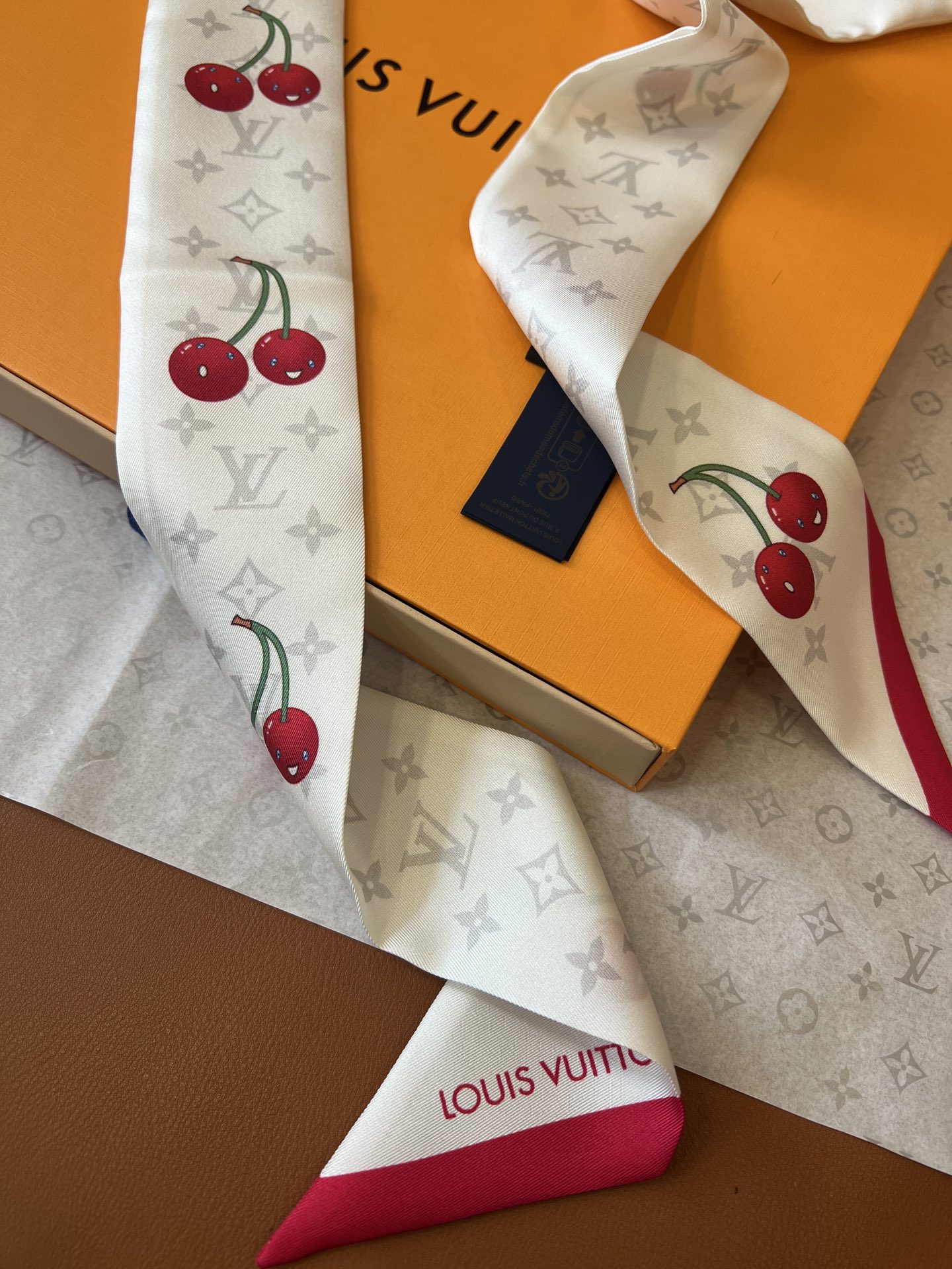 Lv x TM Denim Cerise Silk Hair Scarf
