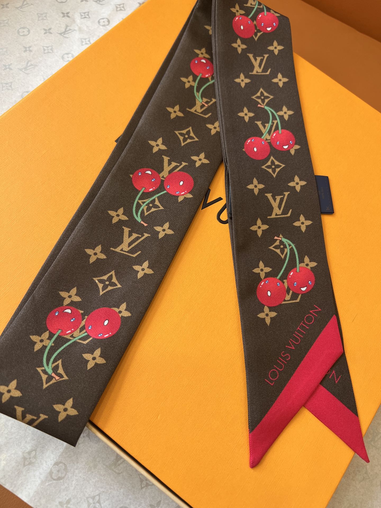 Lv x TM Denim Cerise Silk Hair Scarf