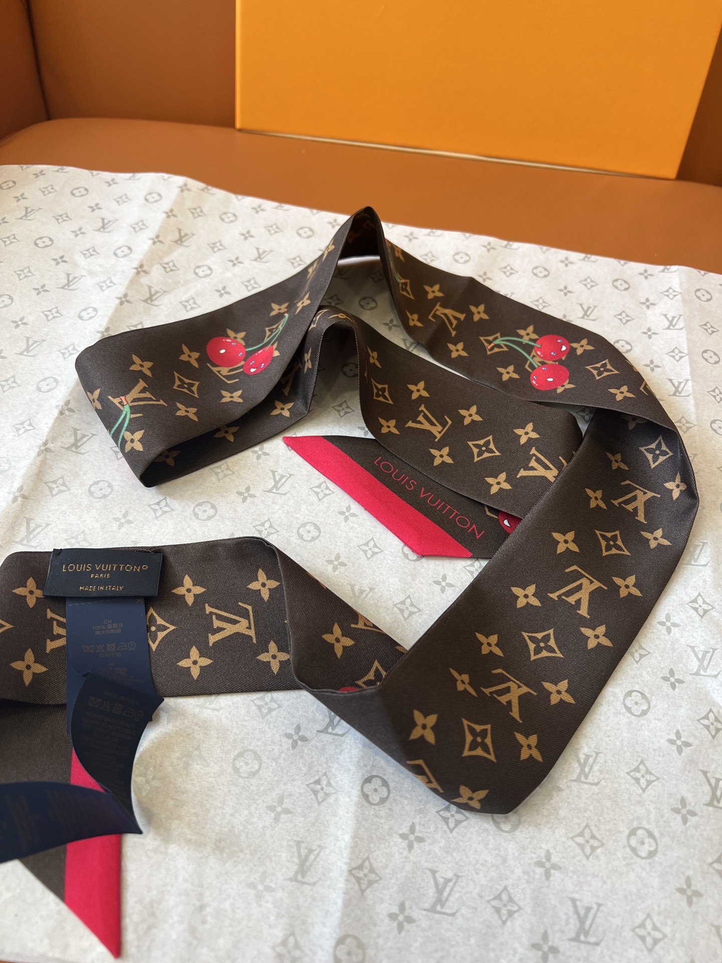 Lv x TM Denim Cerise Silk Hair Scarf
