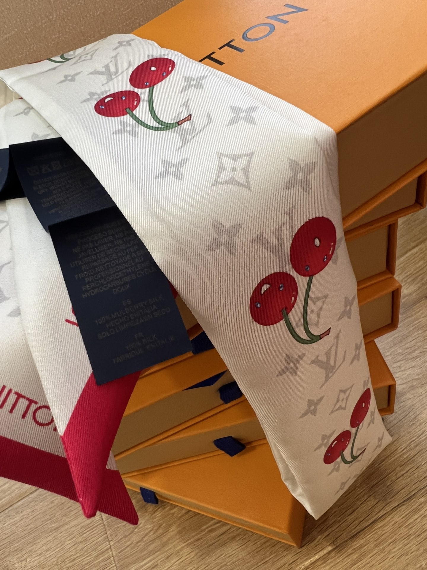 Lv x TM Denim Cerise Silk Hair Scarf