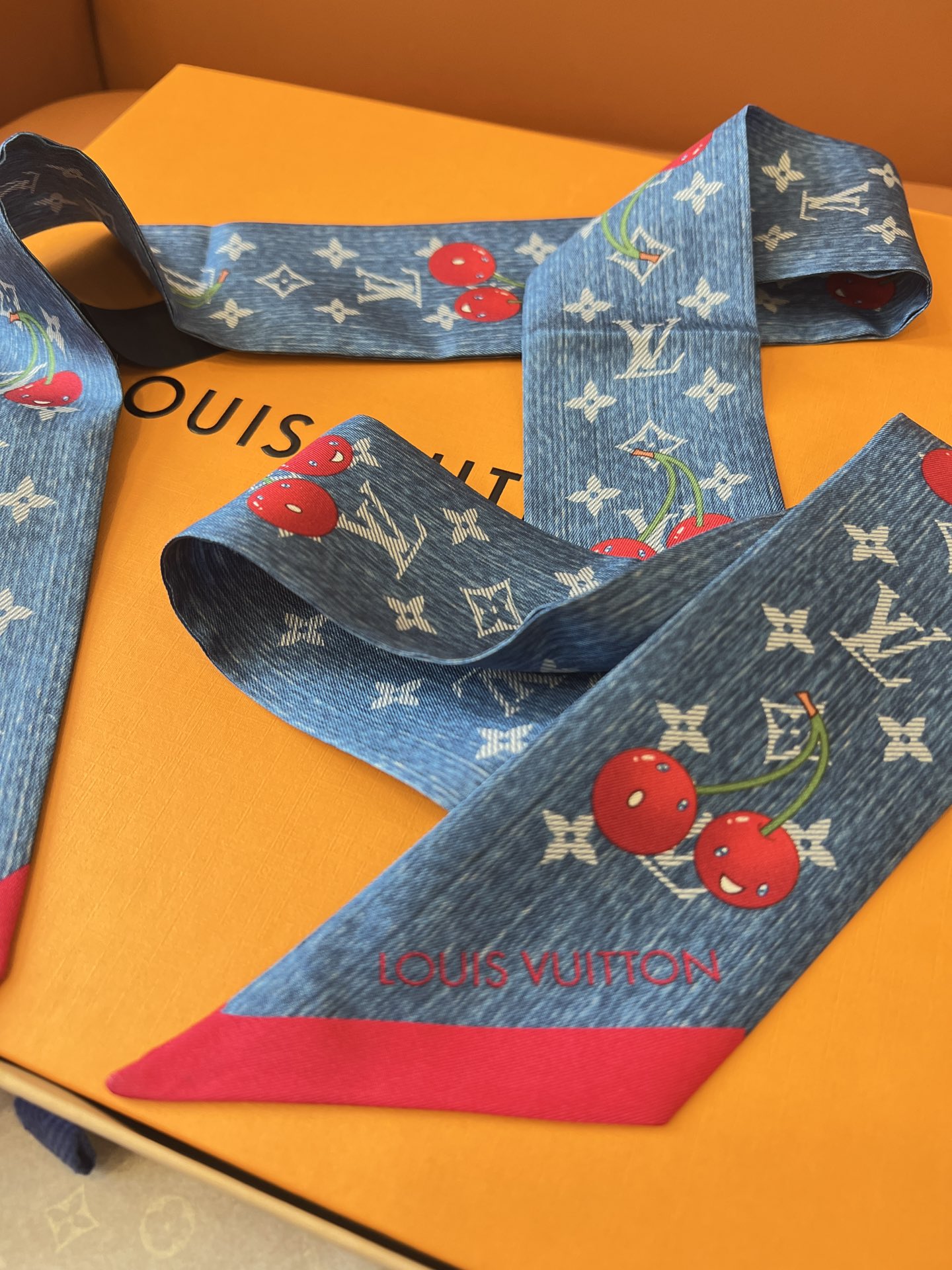 Lv x TM Denim Cerise Silk Hair Scarf