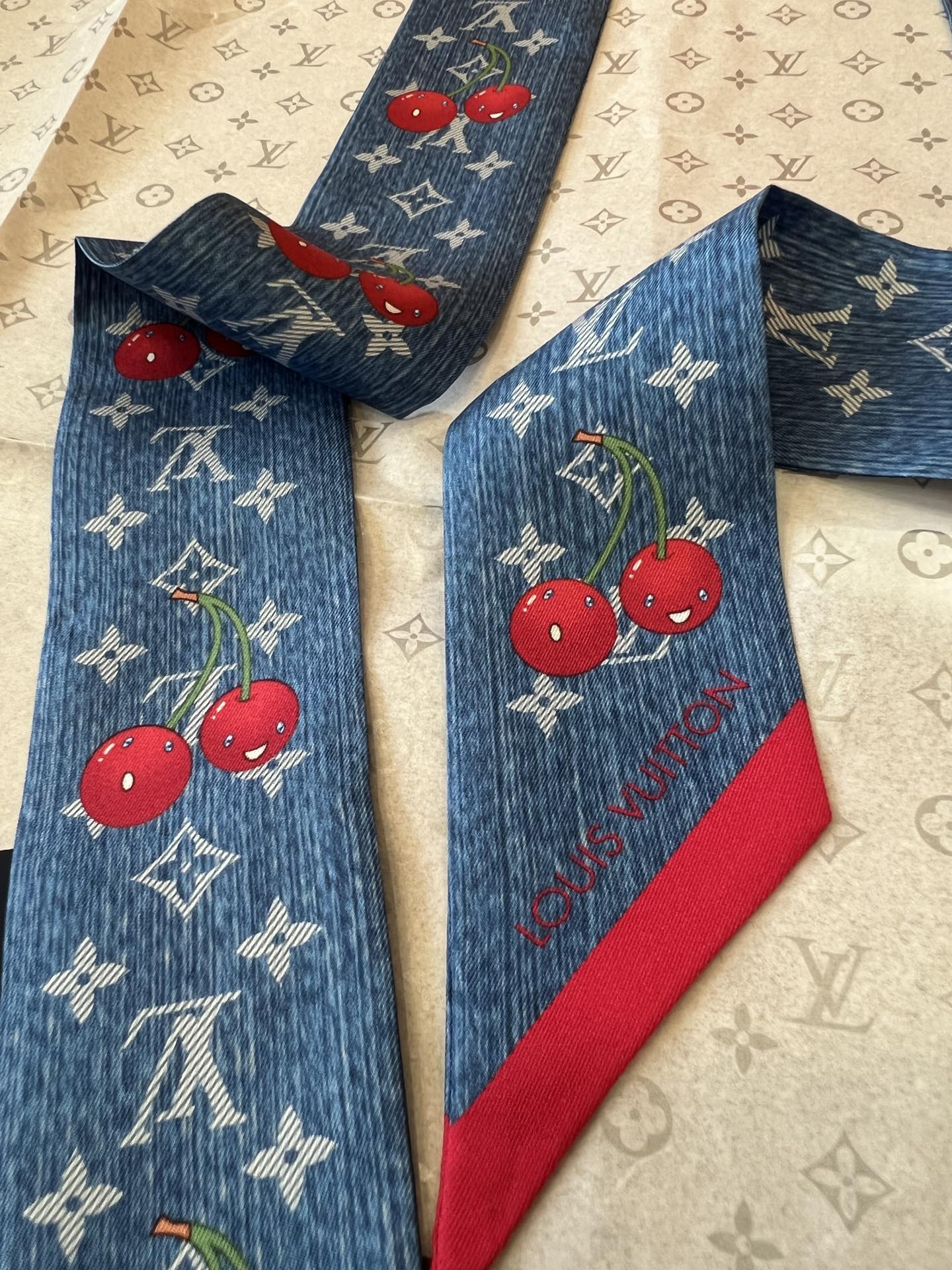 Lv x TM Denim Cerise Silk Hair Scarf