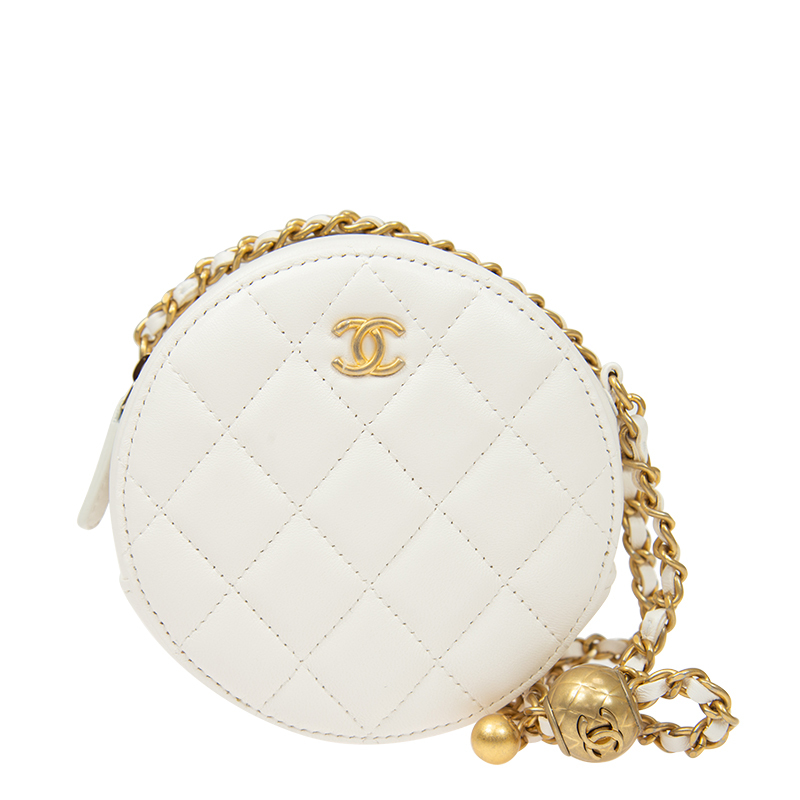 Chanel Quilted Round Pearl Crush Clutch With Chain Lambskin Gold