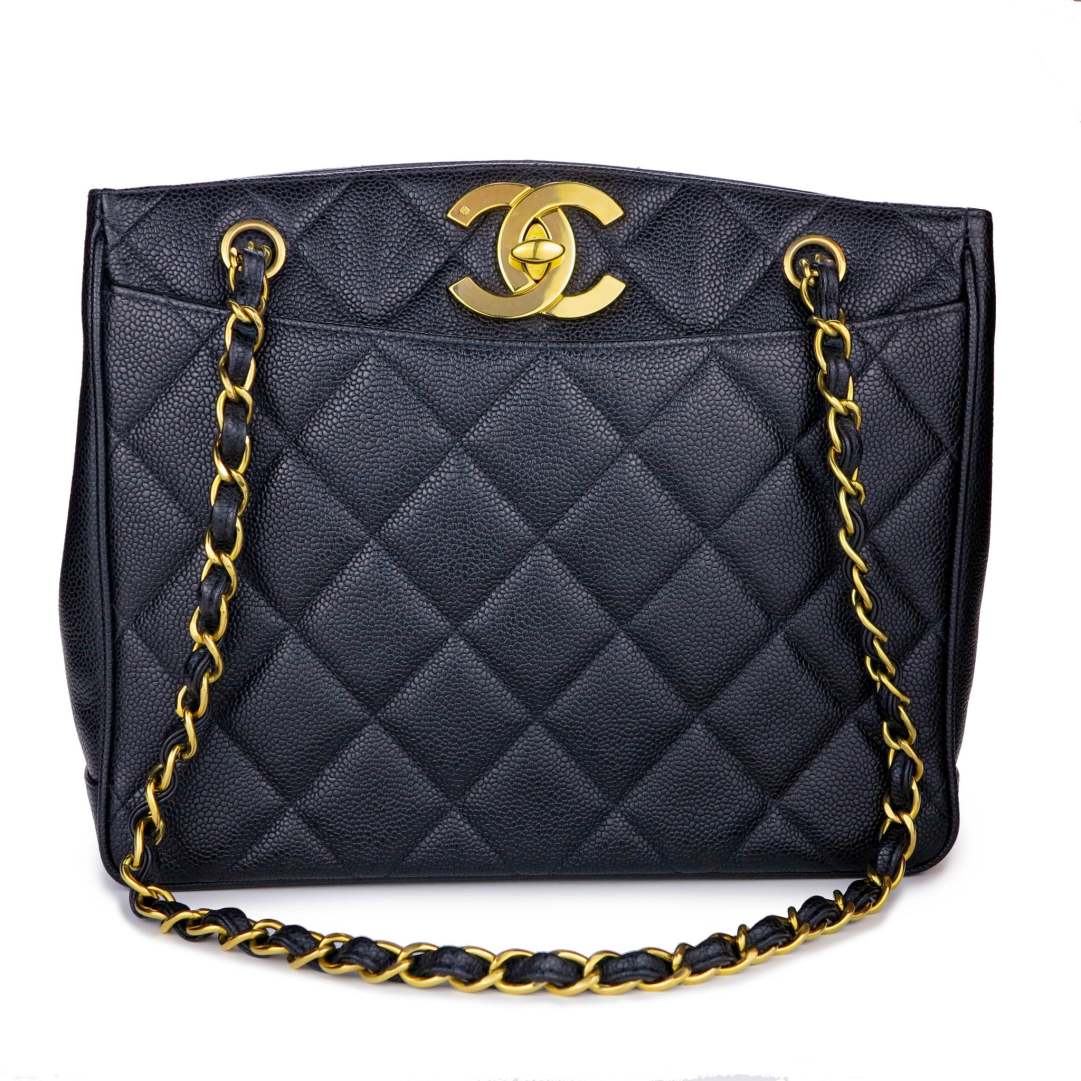 Chanel Vintage Quilted XL Logo Shoulder Tote Bag in Black Caviar