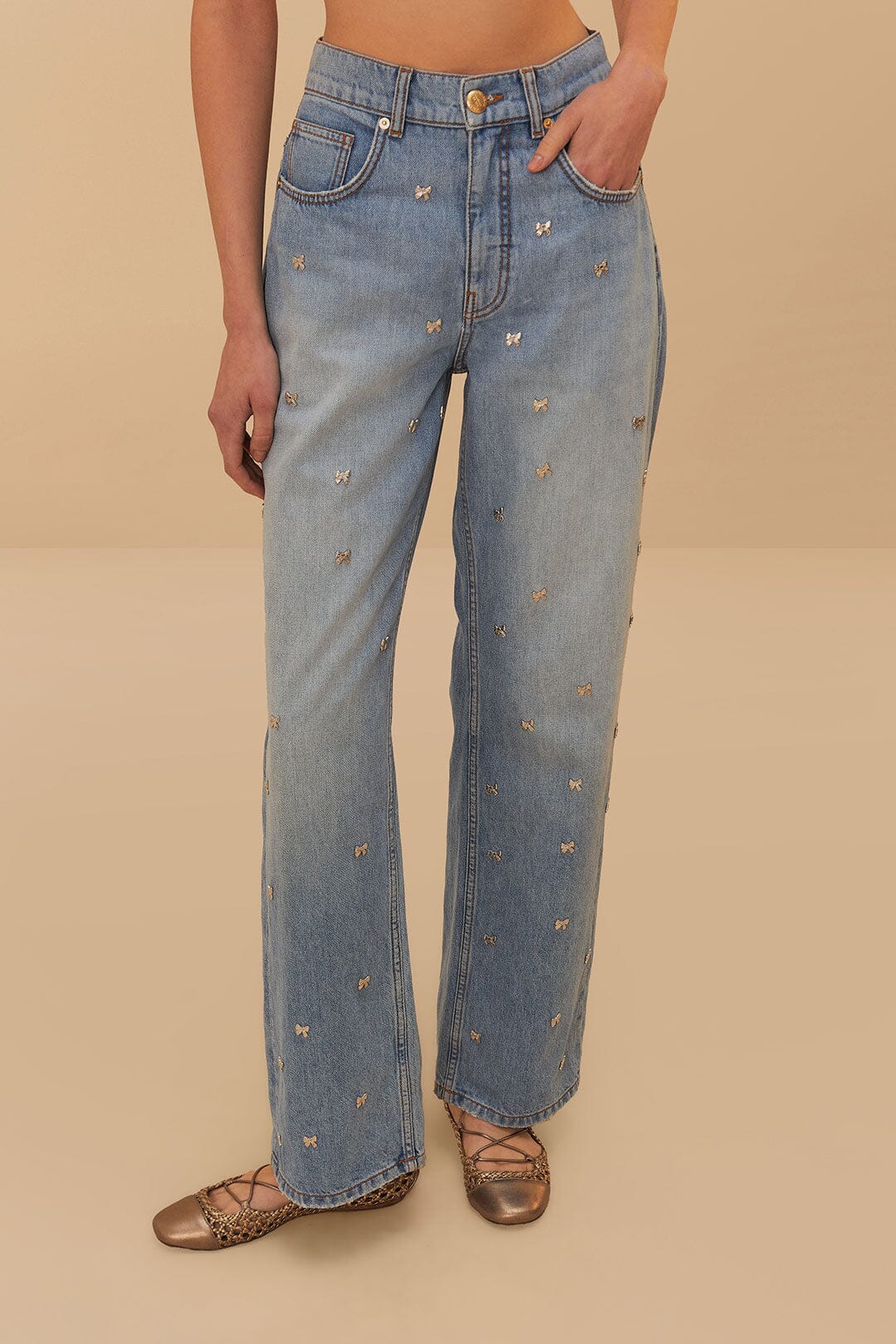Denim Embroidered Bows Pants