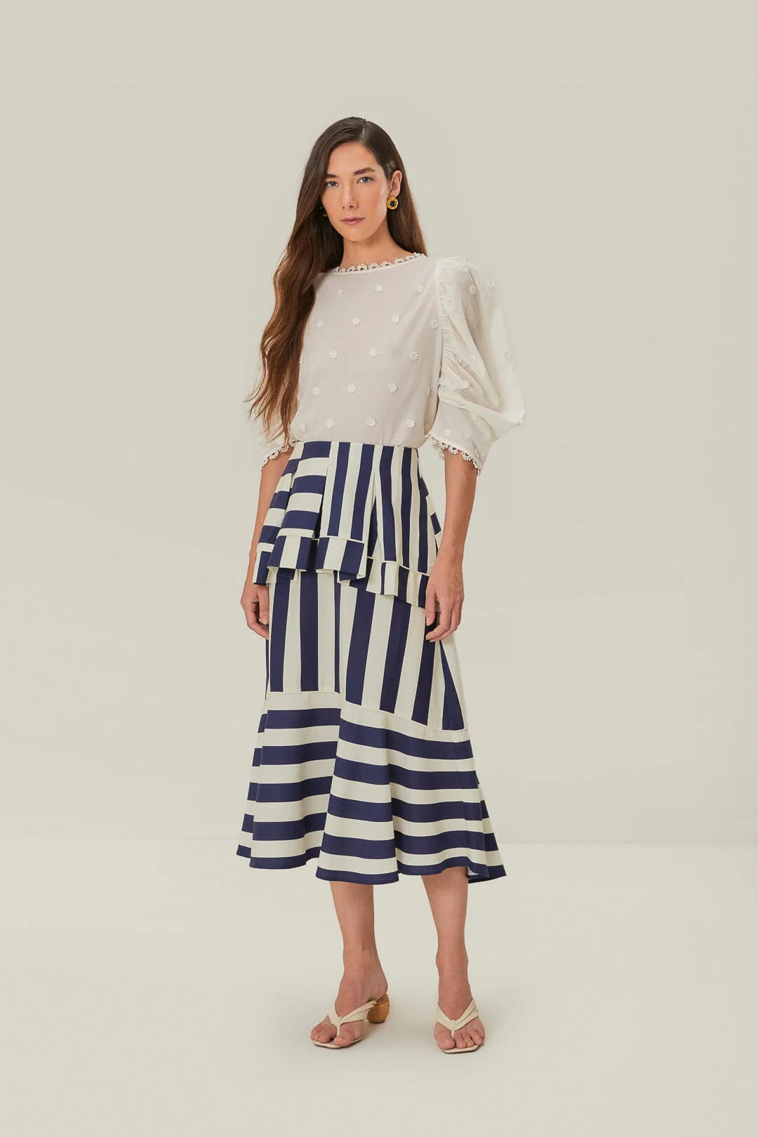 Blue Mixed Stripes Midi Skirt