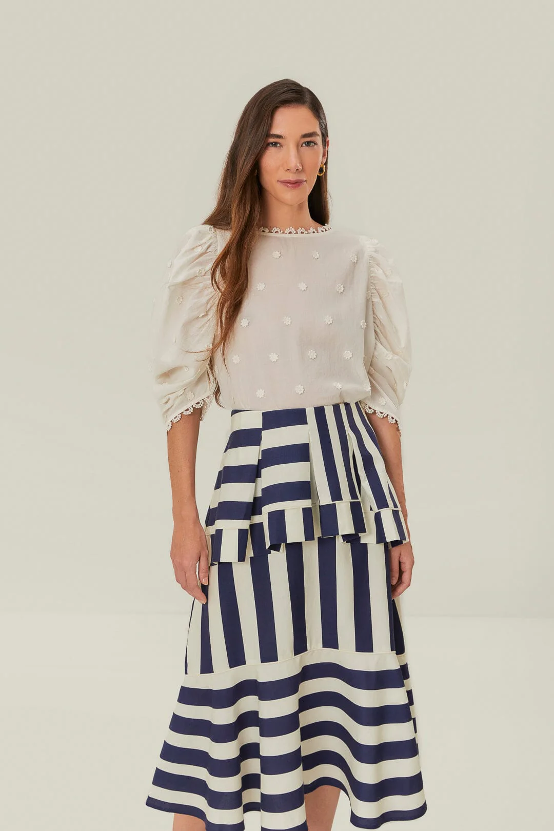 Blue Mixed Stripes Midi Skirt