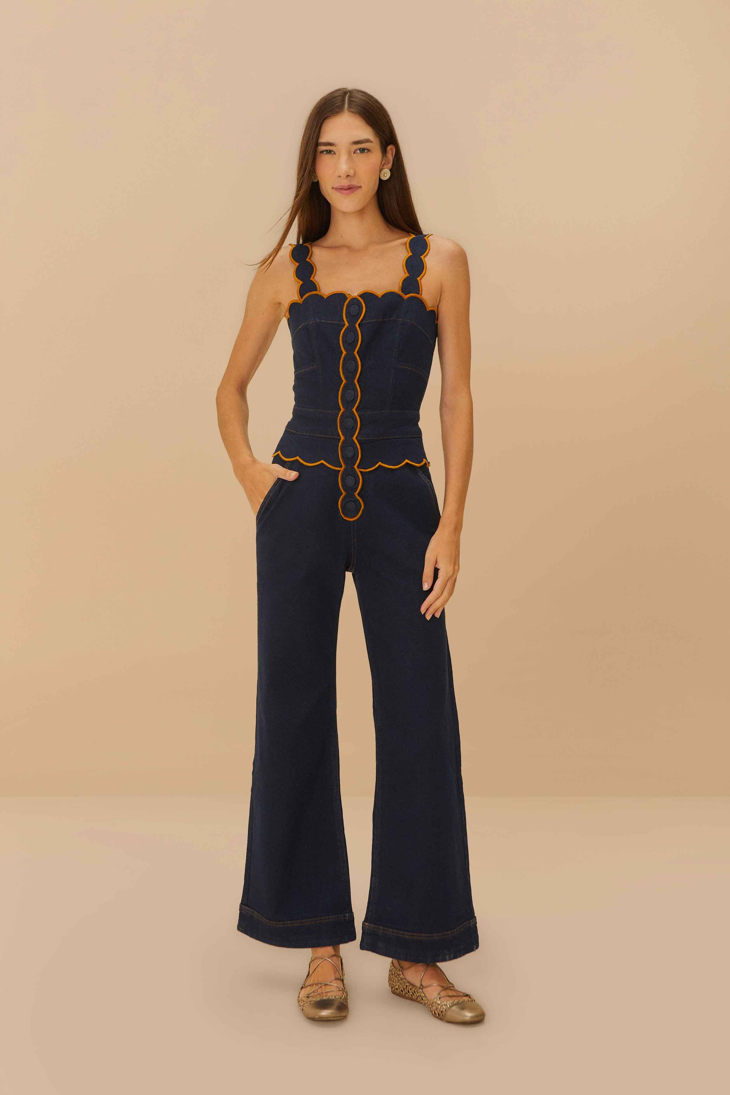 Dark Denim Wavy Trim Jumpsuit