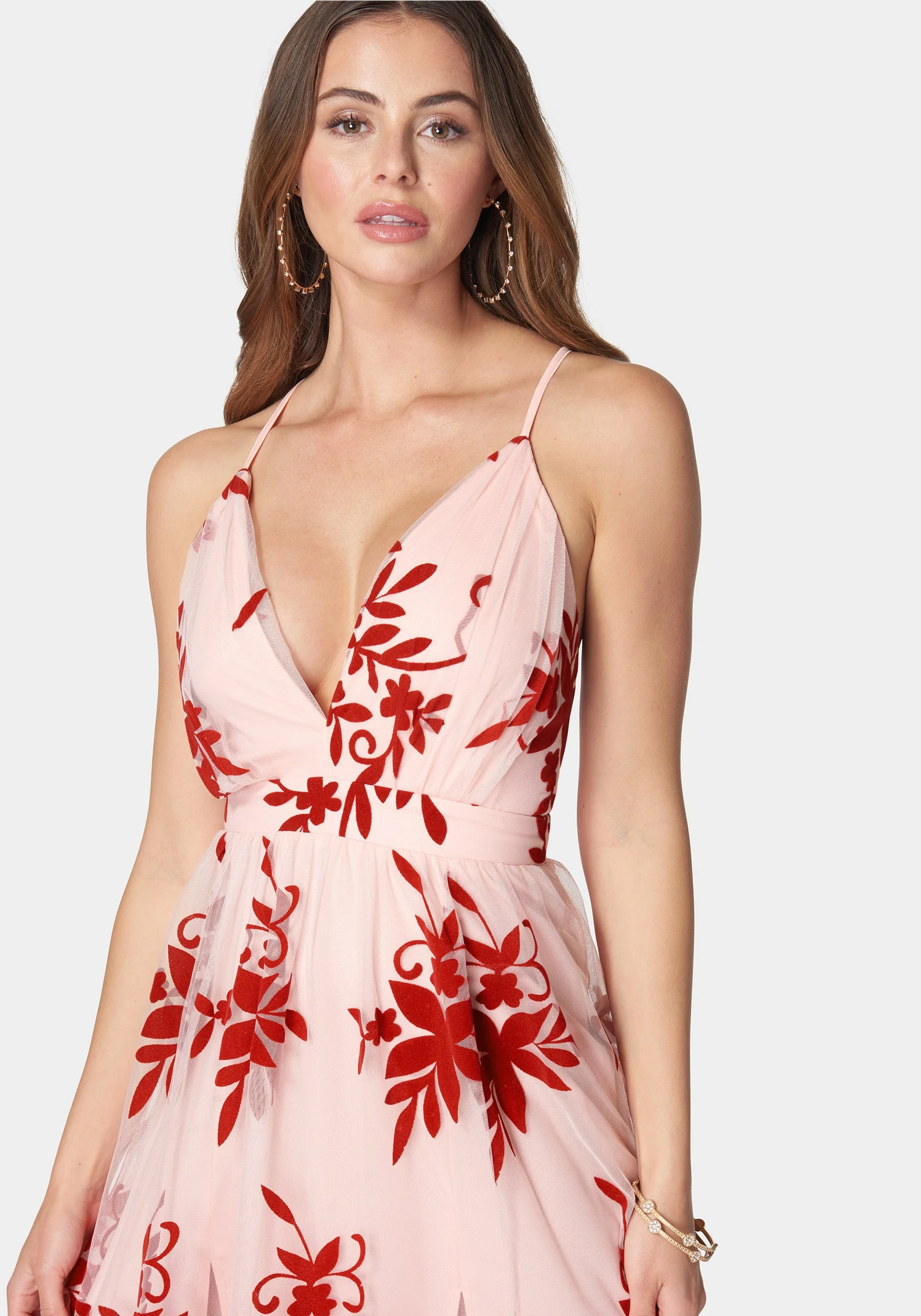 Plunge Neck Embroidered Maxi Dress