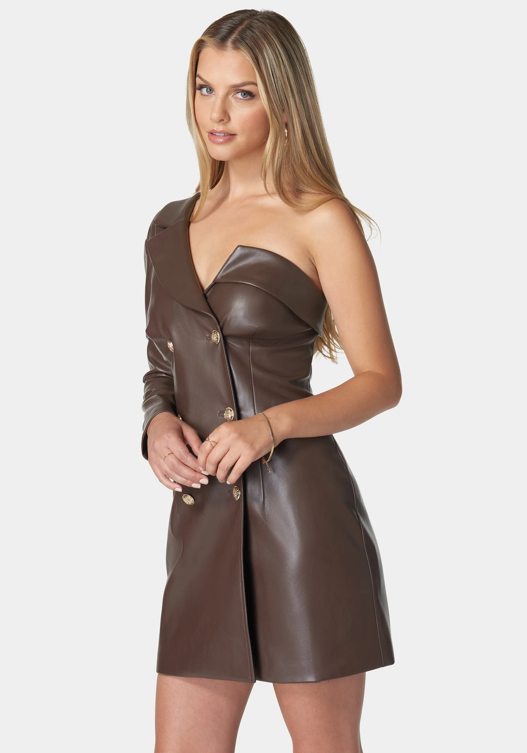One Shoulder Faux Leather Blazer Dress