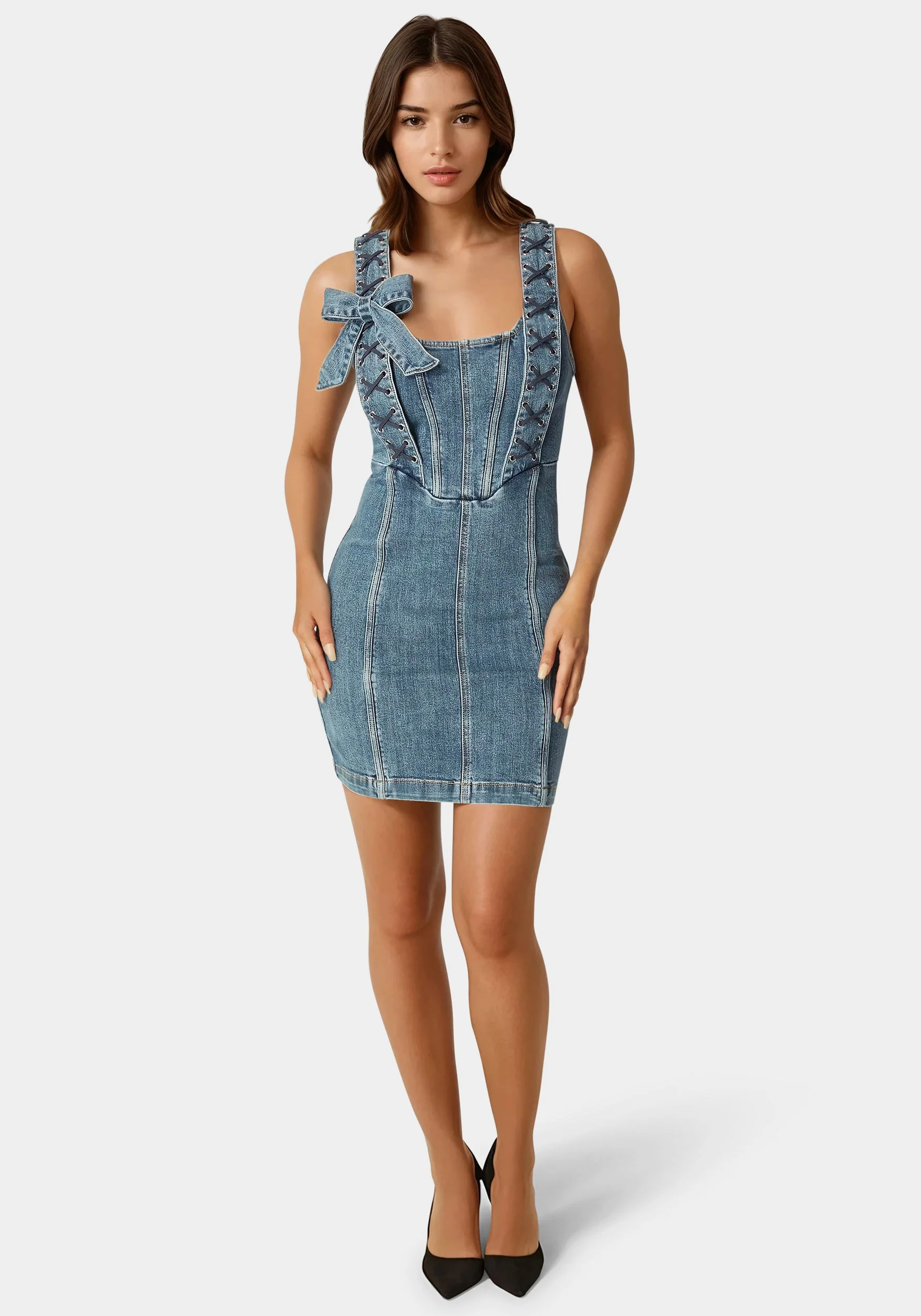 Bow Fitted Eyelet Denim Dress