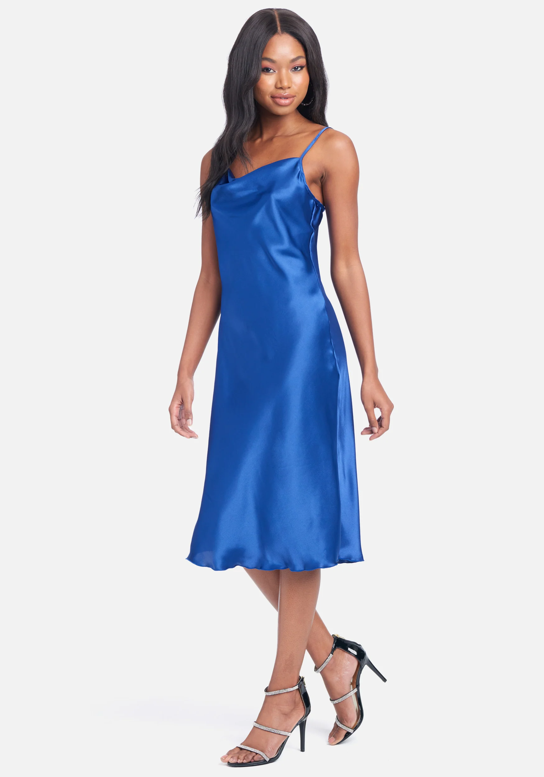 Satin Cowl Neck Slip Midi Dress