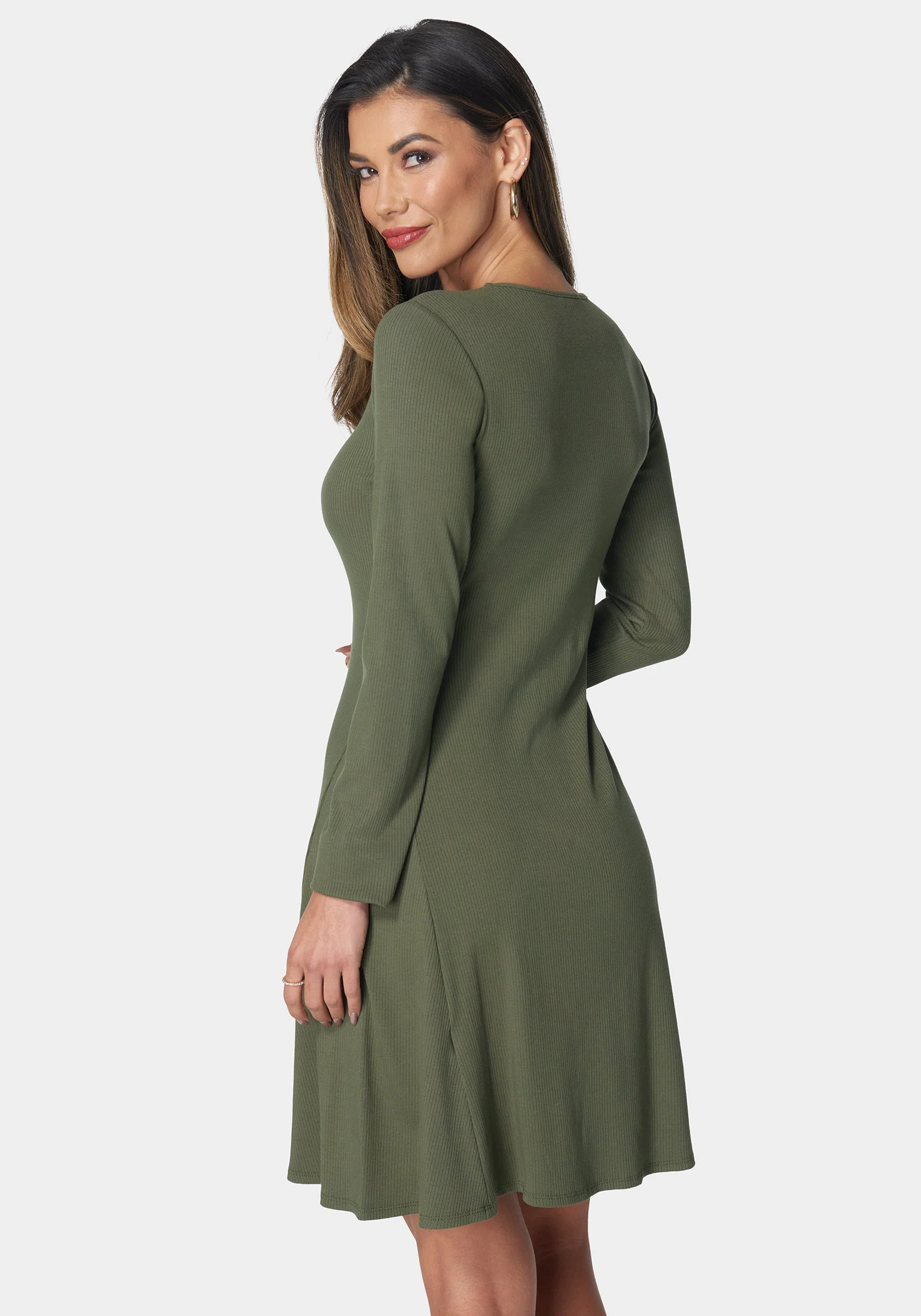 Rib Long Sleeve Godet Dress
