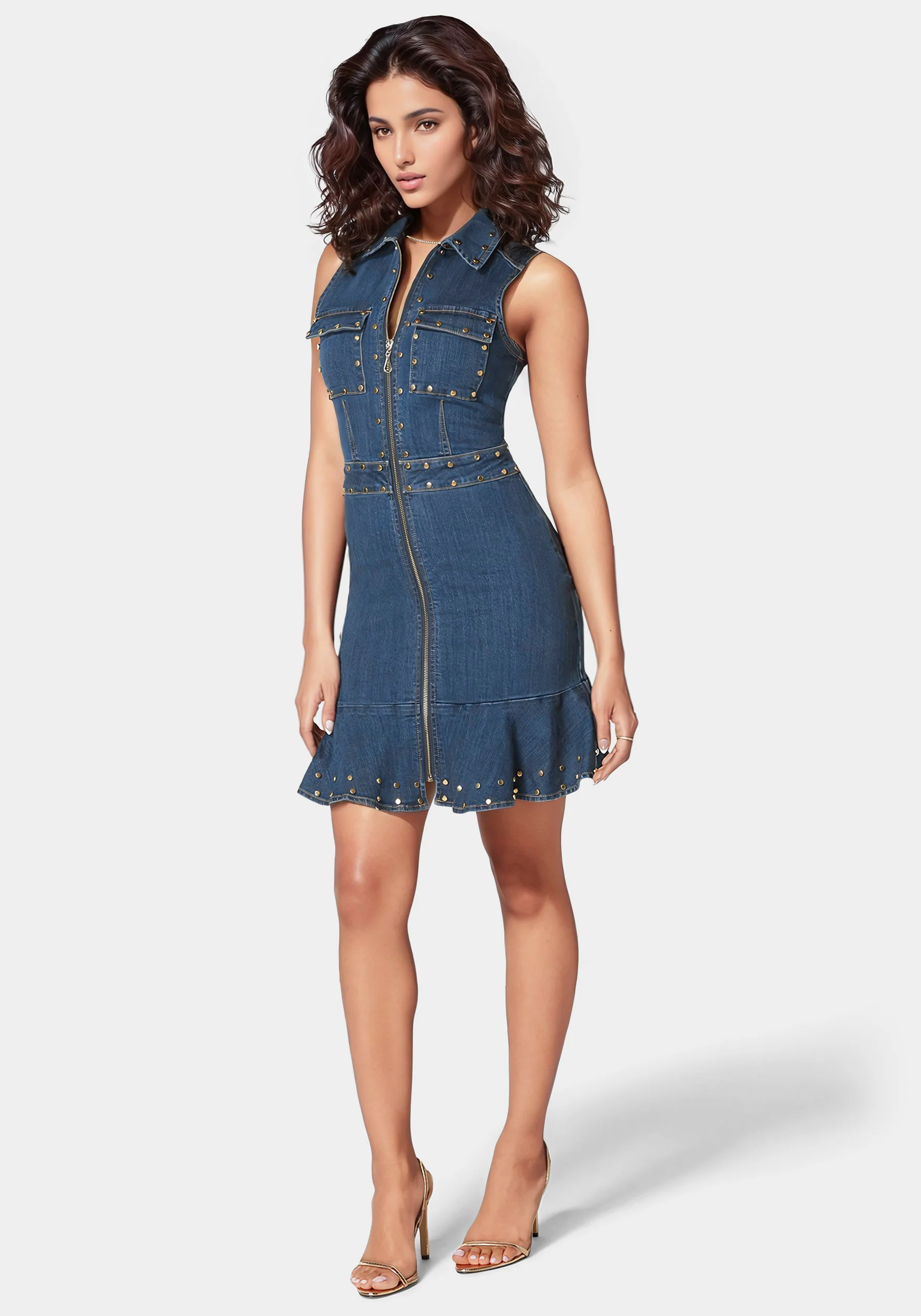 Zip Front Stud Detail Fit And Flare Denim Dress