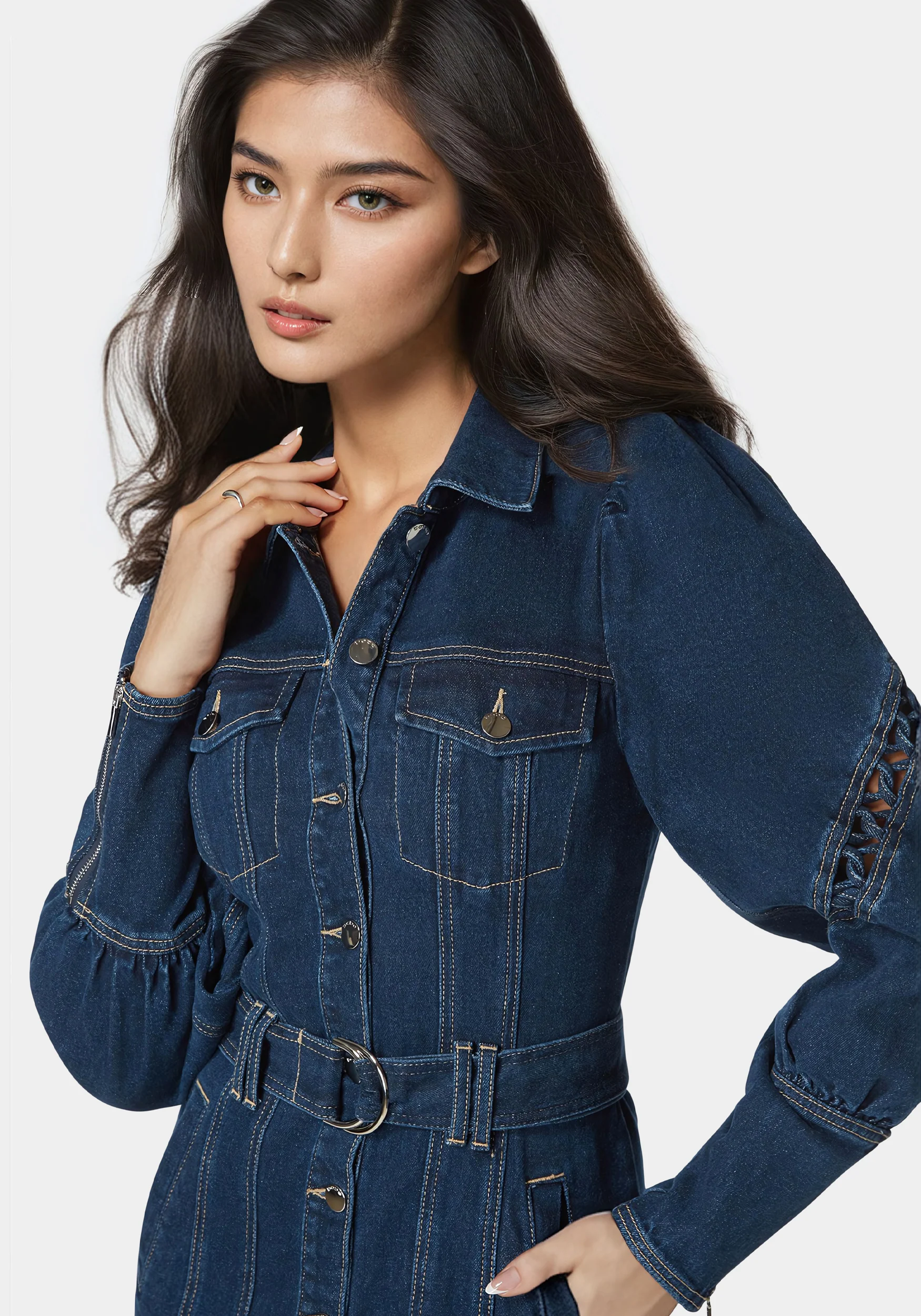 Sleeve Detail Front Button Denim Dress