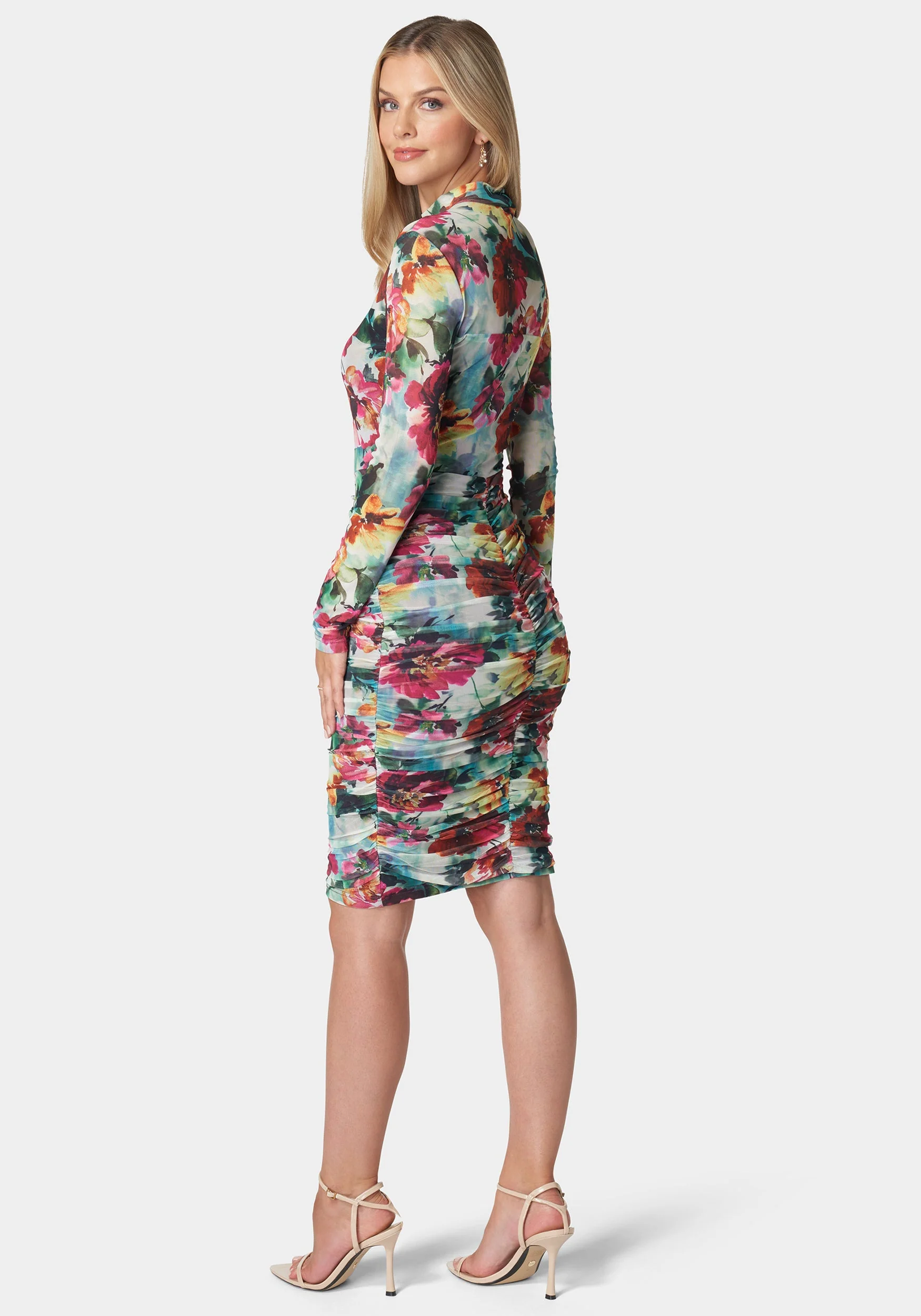 Printed Ruched Mesh Midi Dress