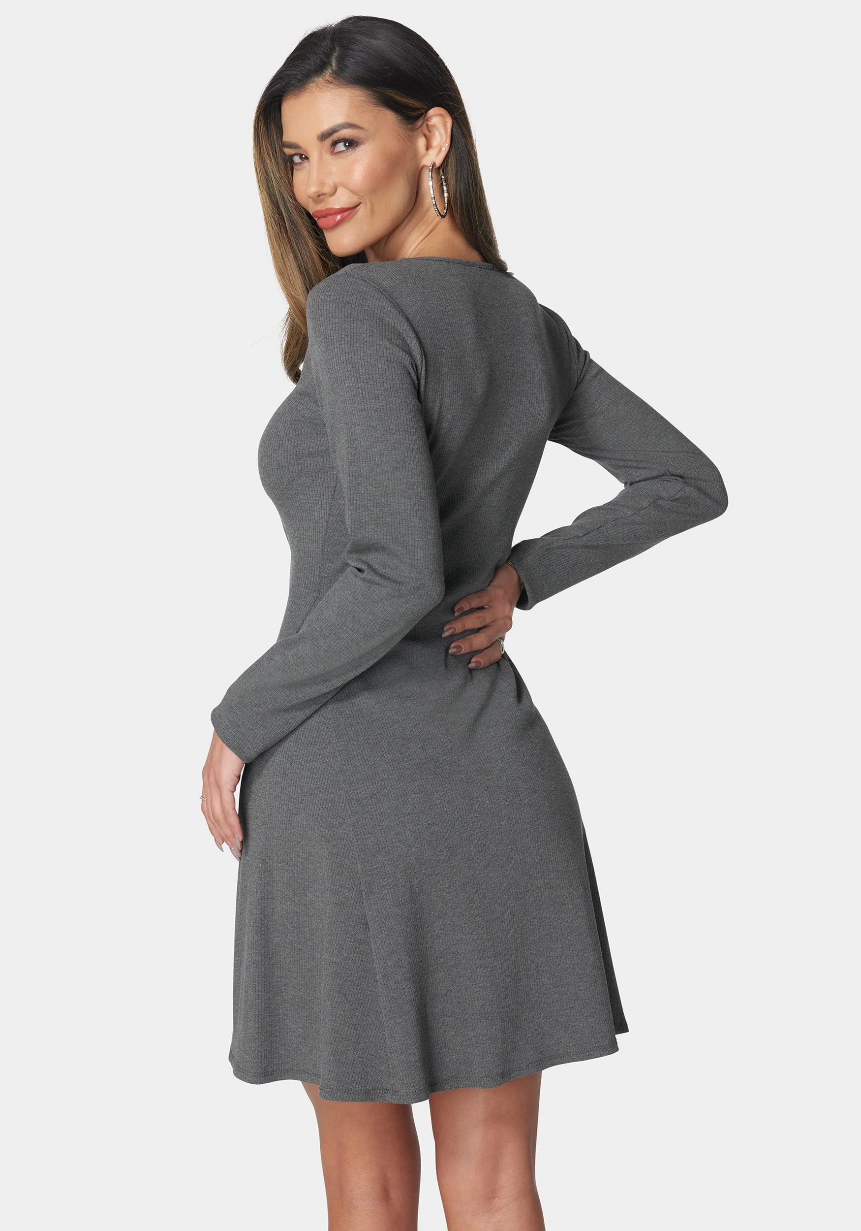 Rib Long Sleeve Godet Dress