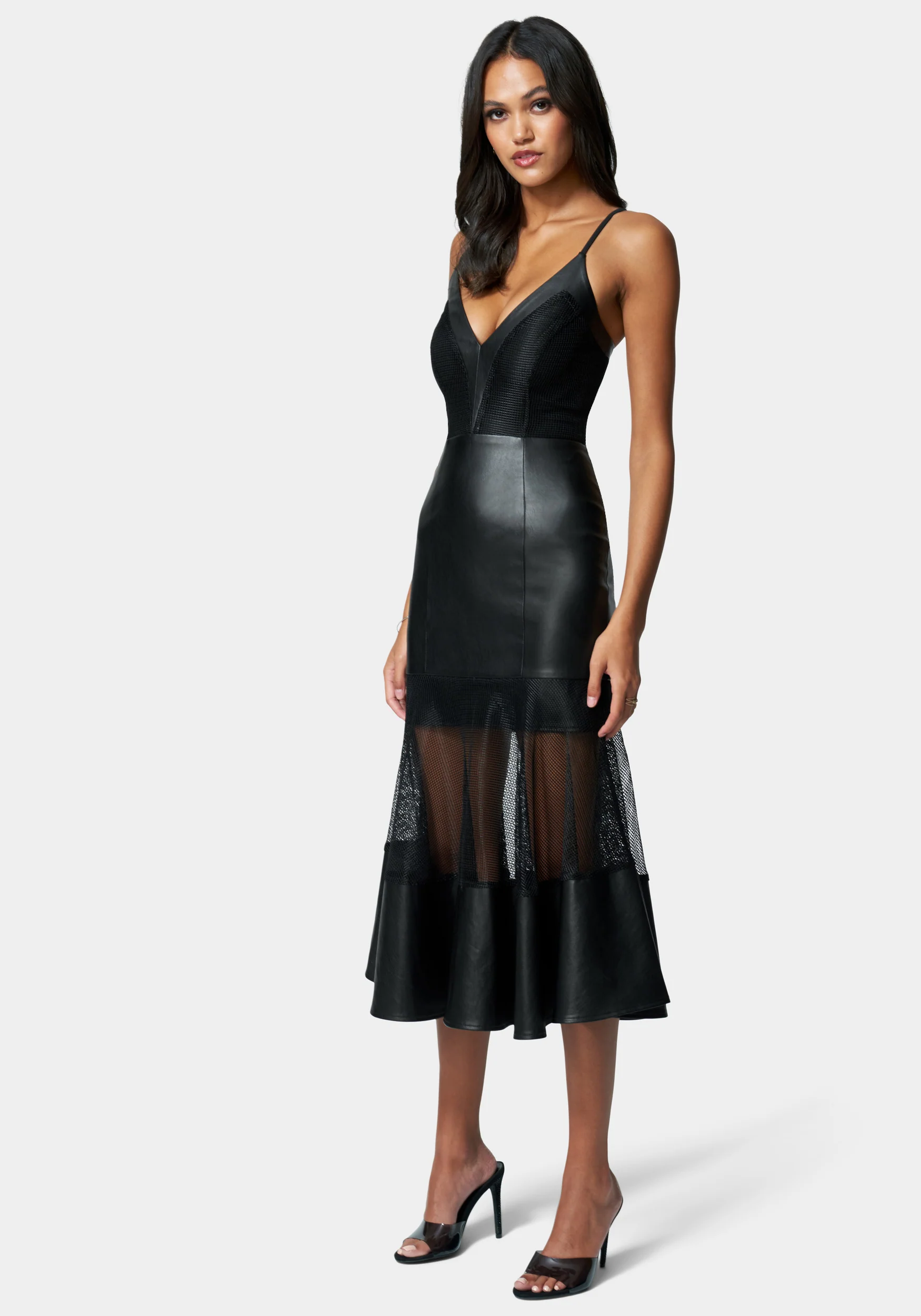 Mesh And Vegan Leather Flare Dress