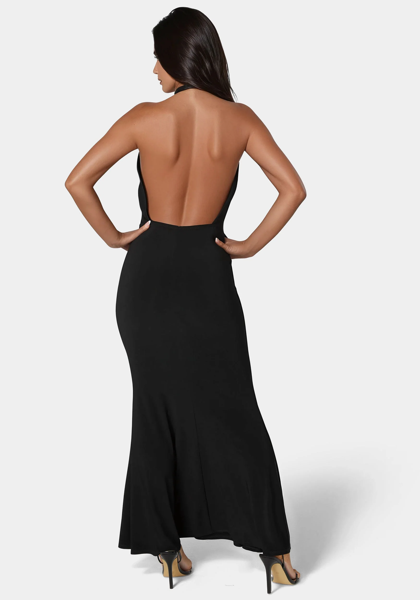 Plunge Neck Halter Floor Length Dress