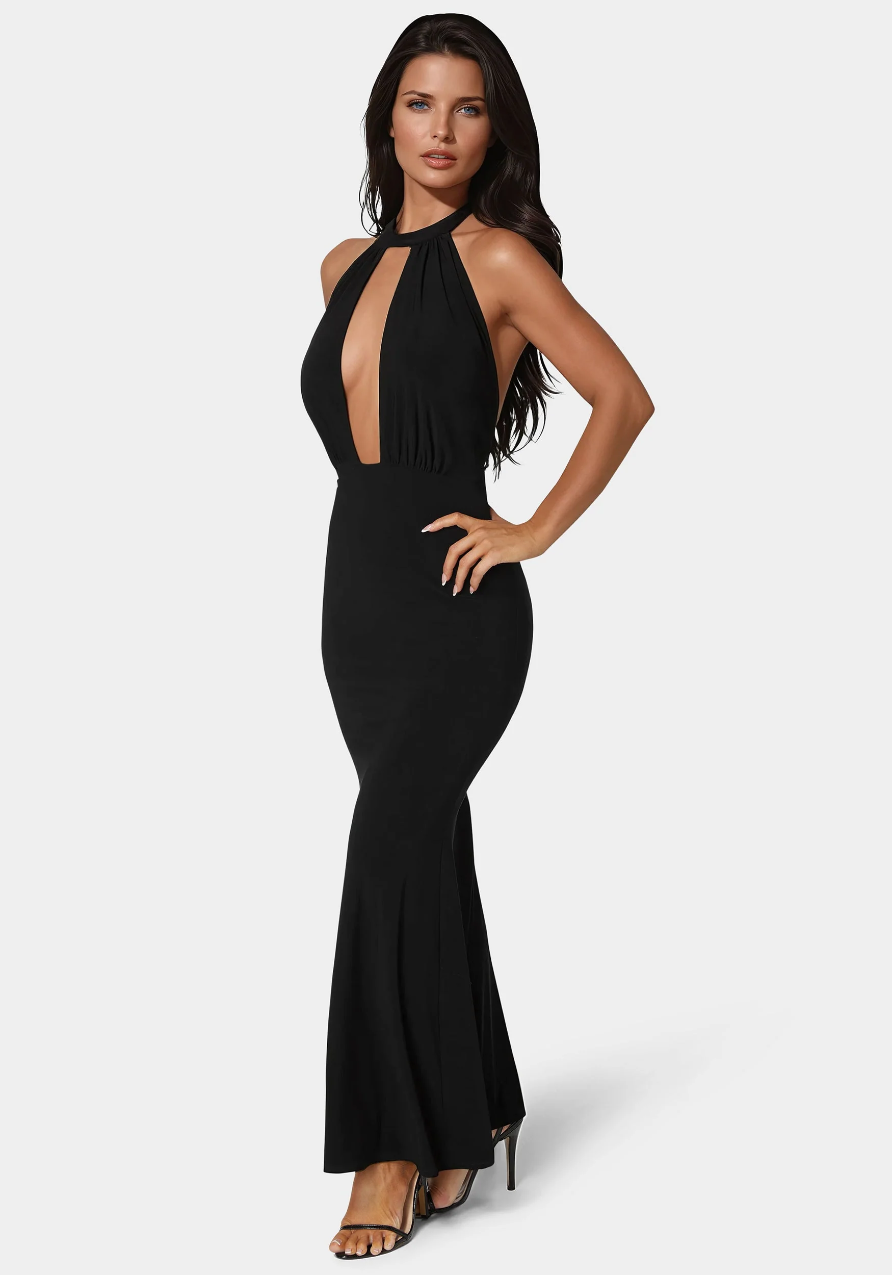 Plunge Neck Halter Floor Length Dress