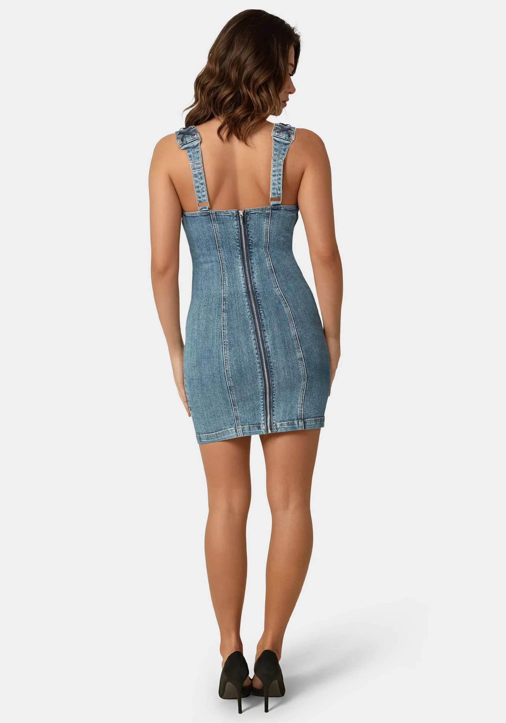 Bow Fitted Eyelet Denim Dress