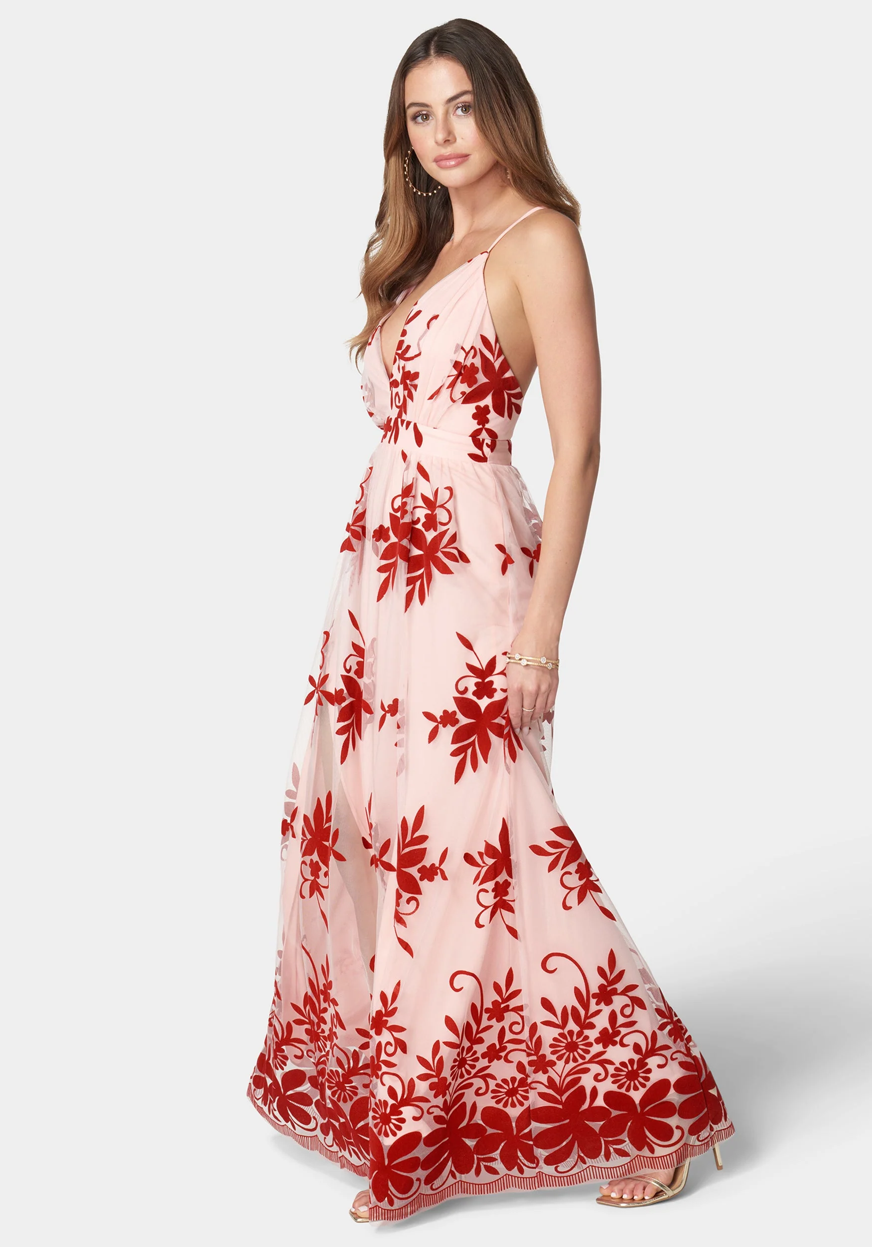 Plunge Neck Embroidered Maxi Dress