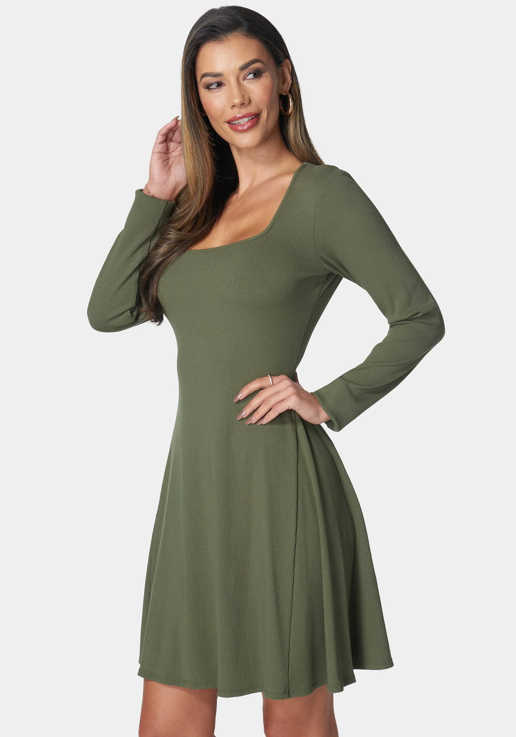 Rib Long Sleeve Godet Dress