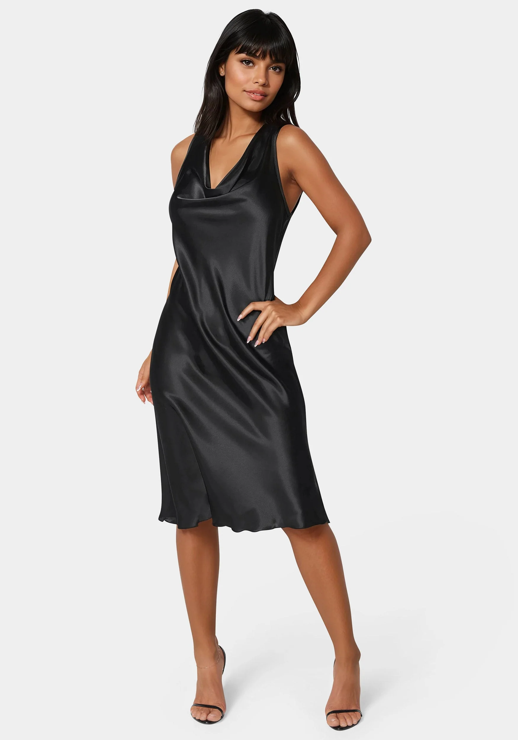 Drape Front Sleeveless Satin Midi Dress