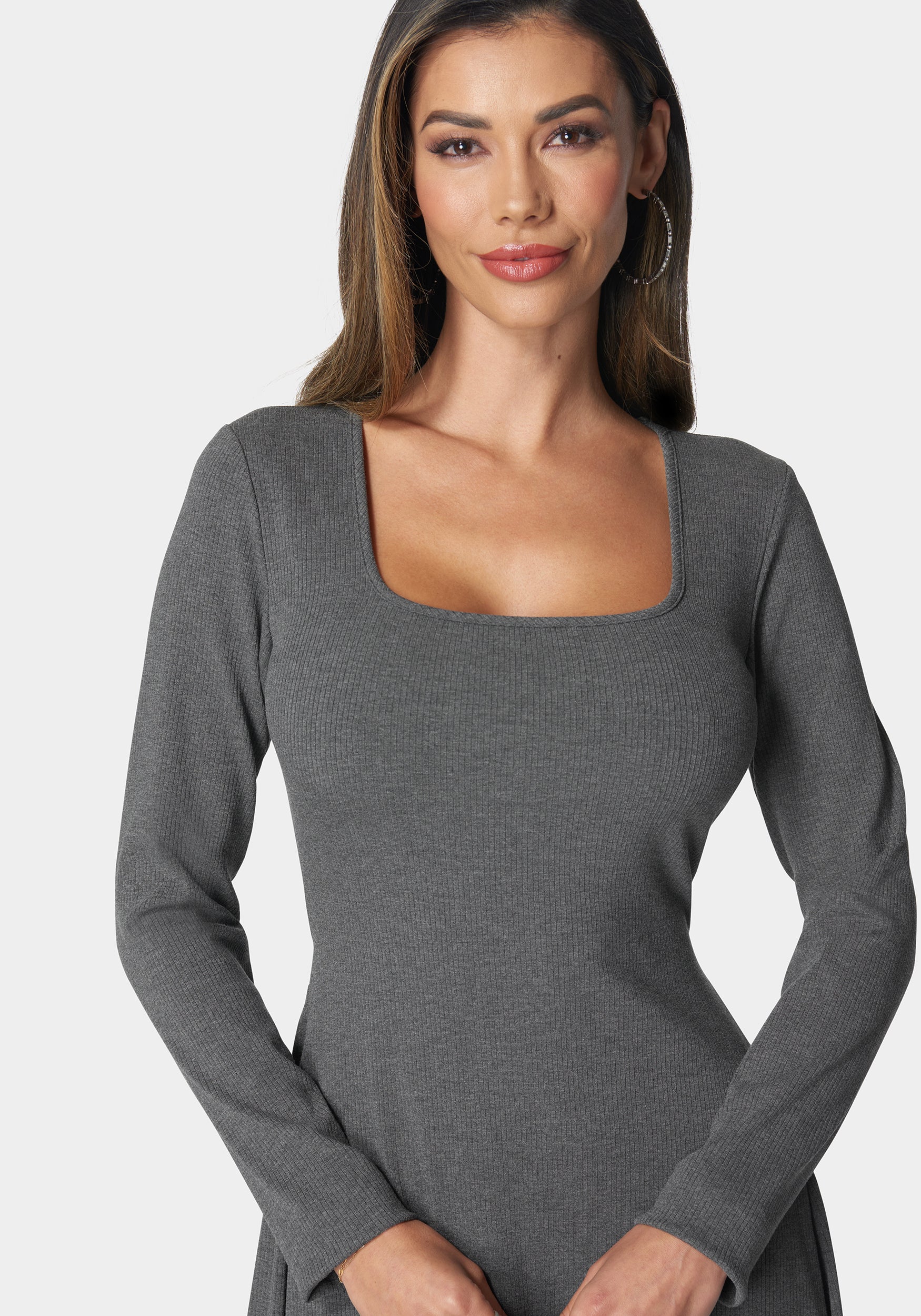 Rib Long Sleeve Godet Dress