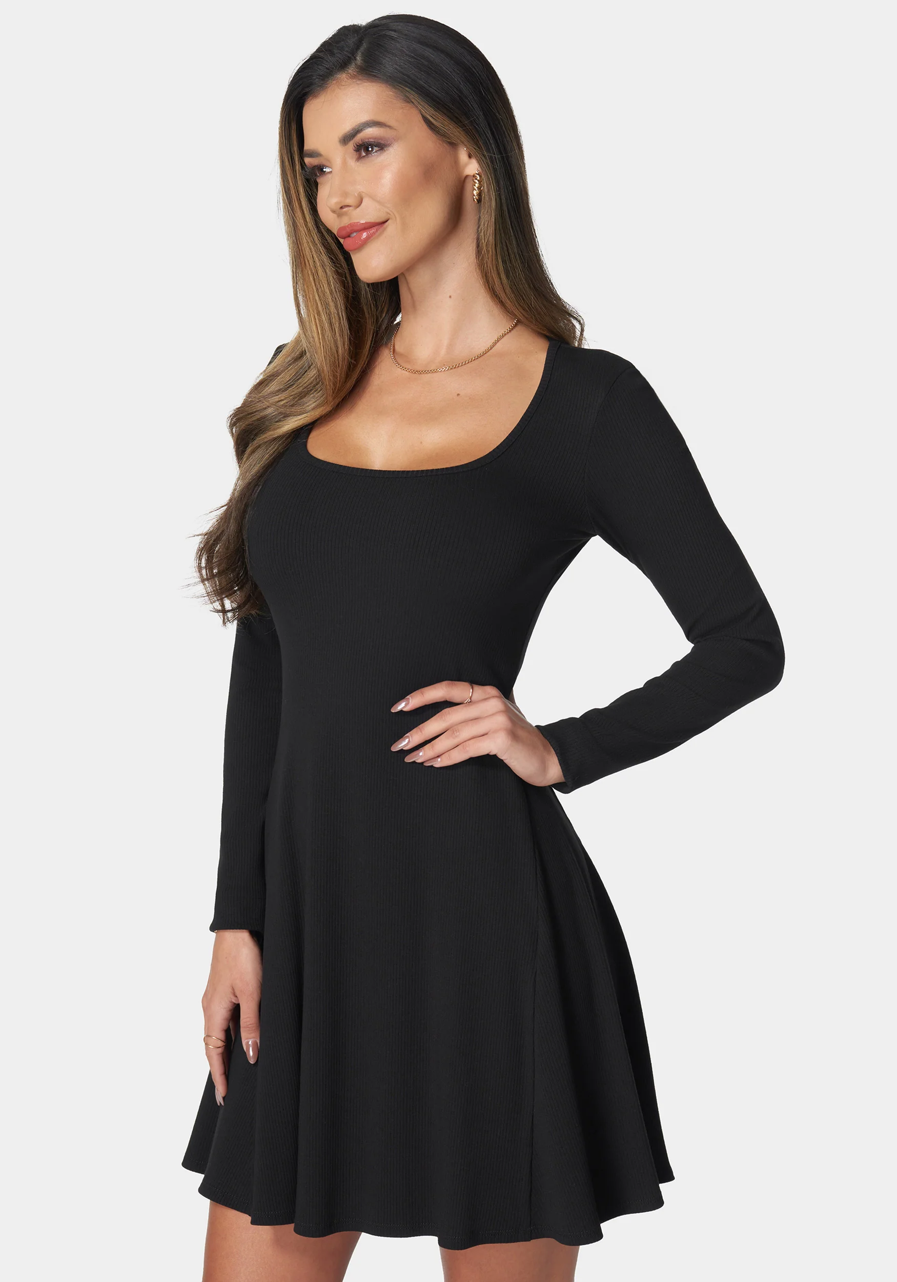 Rib Long Sleeve Godet Dress