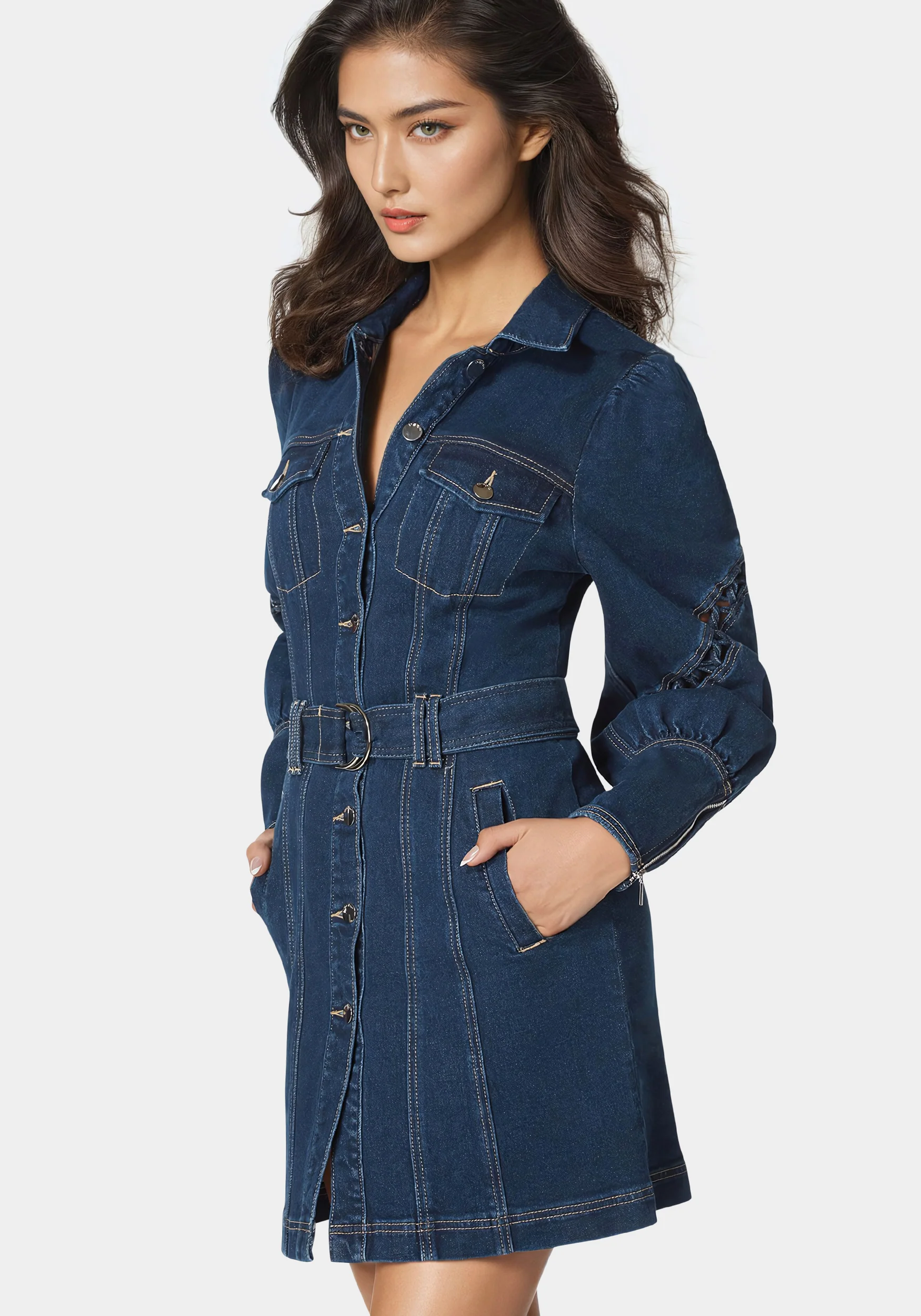 Sleeve Detail Front Button Denim Dress