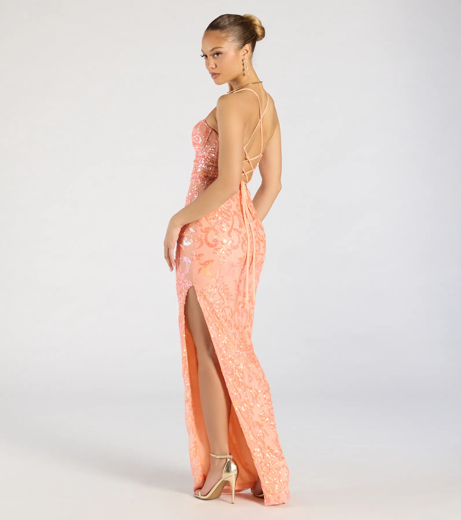 Zadie Lace-Up High Slit Sequin Formal Dress