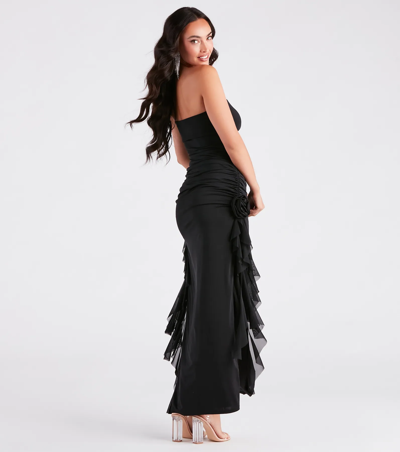 Kenna Rosette Applique Ruffled Formal Dress