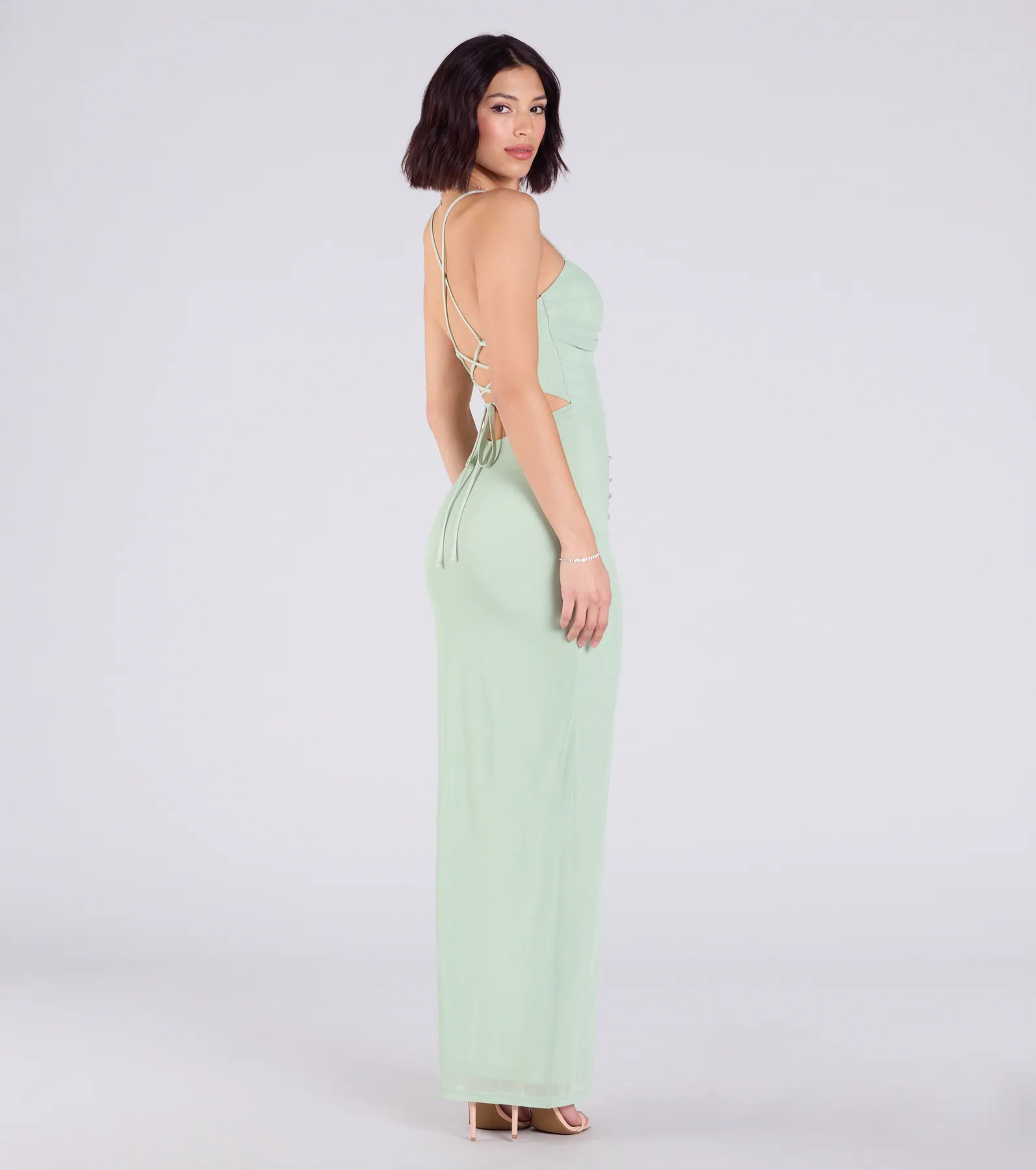 Chloe Lace-Up Ruched Column Formal Dress