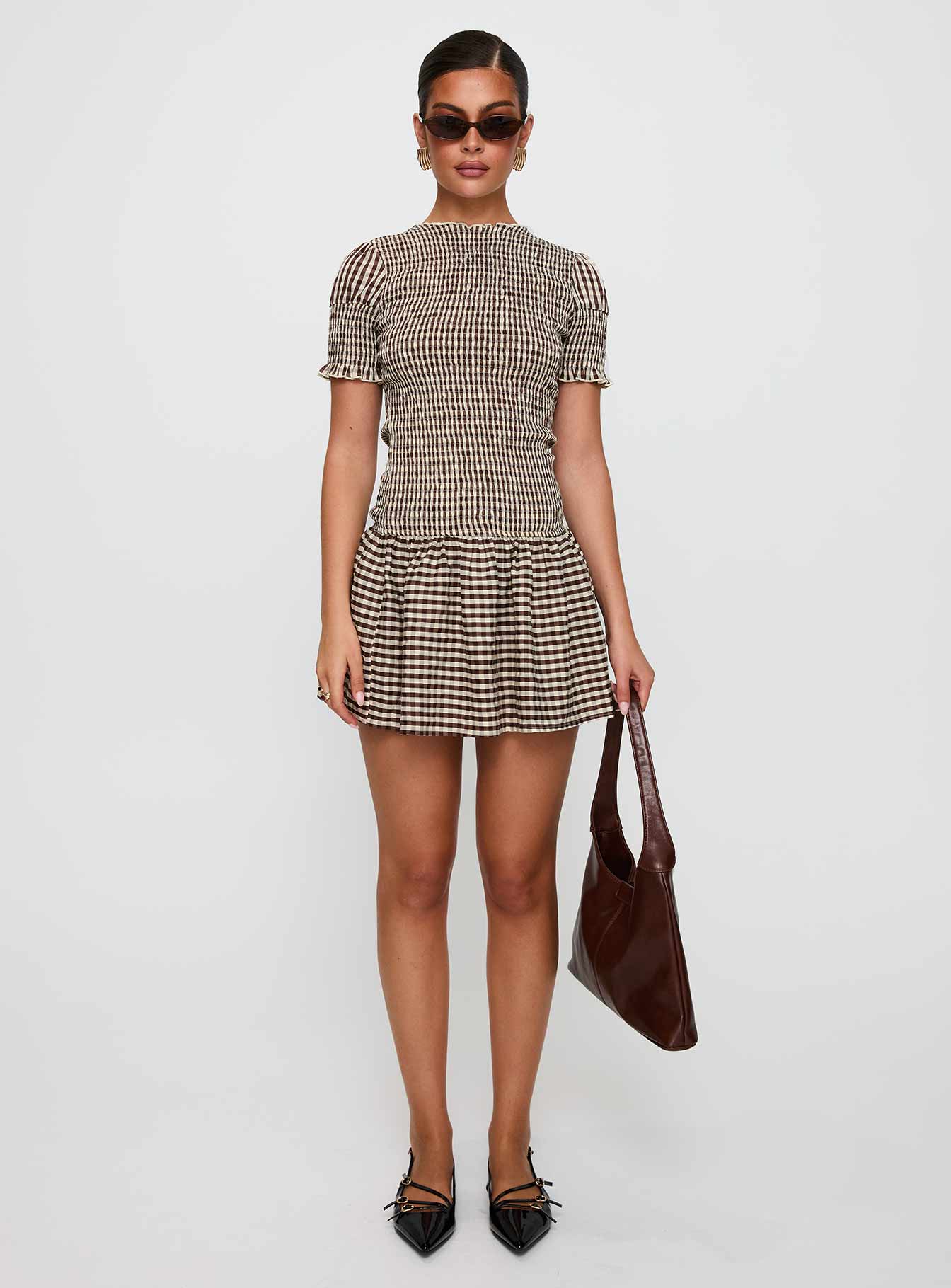 Laurita Shirred Mini Dress Brown Check