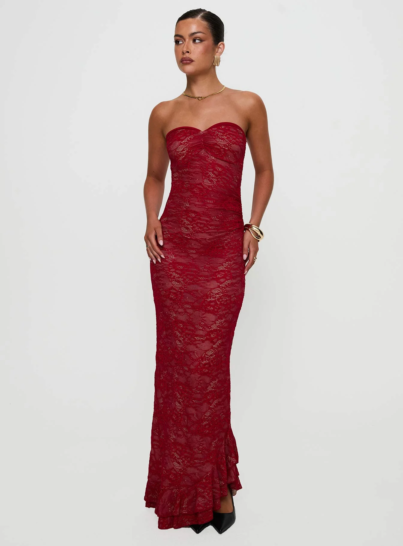 Hailees Lace Strapless Maxi Dress Red