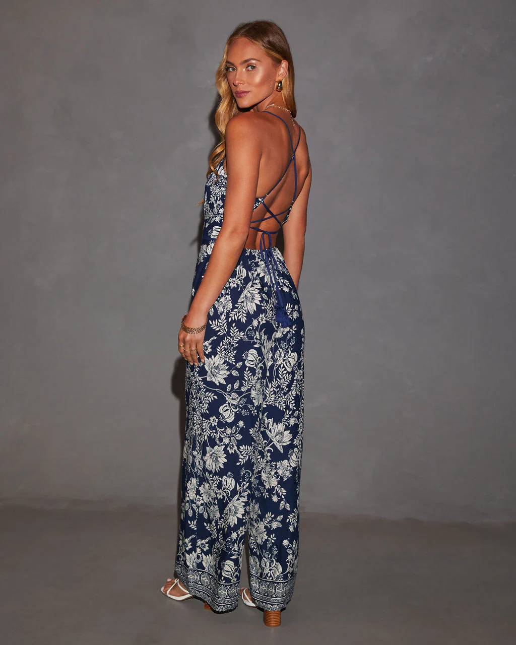 Florencia Printed Lace Up Back Pocketed Jumpsuit