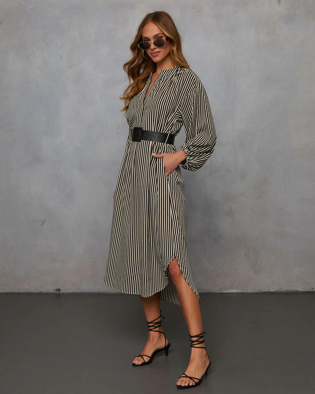 Dimarco Striped Pocketed Belted Midi Dress