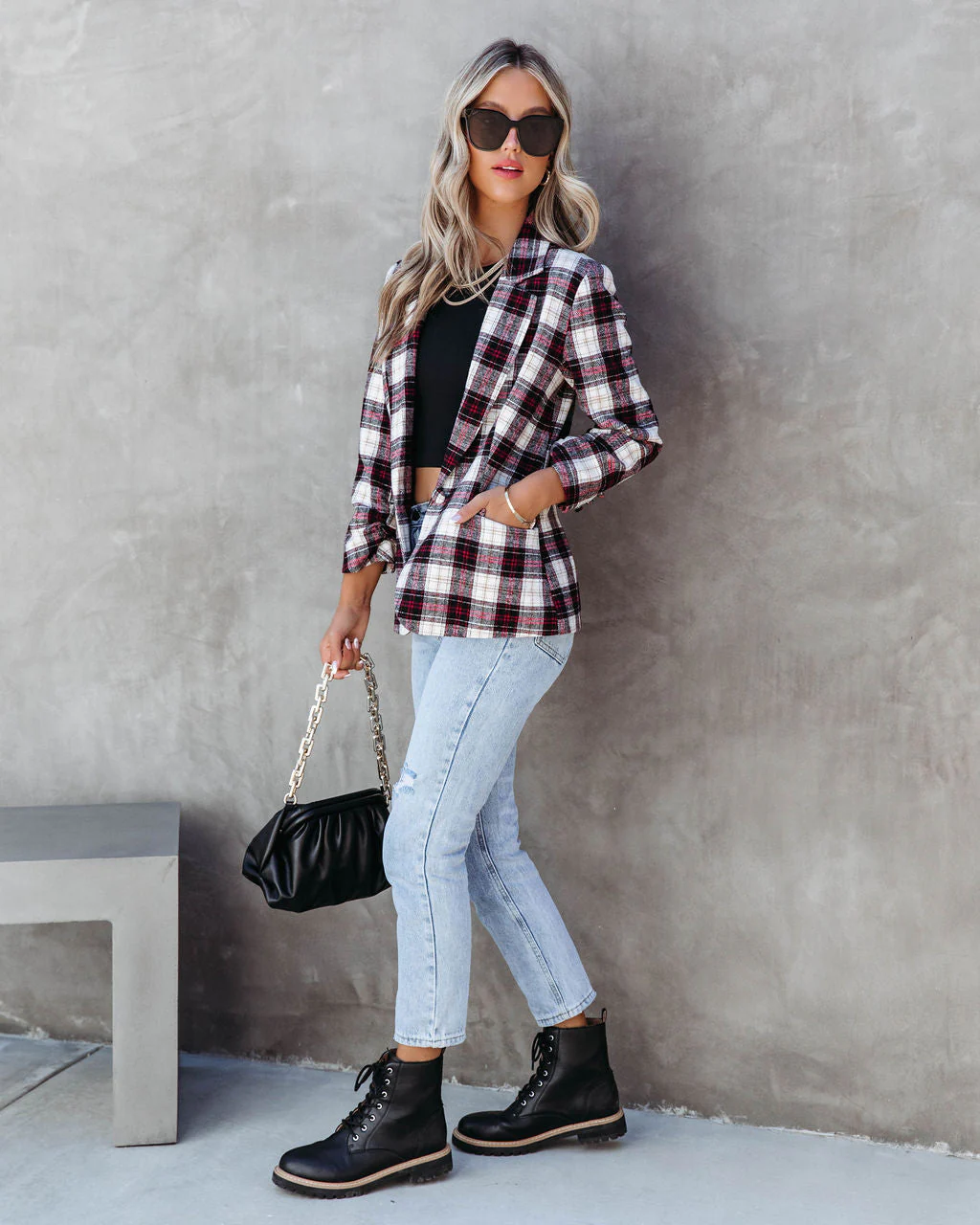 Big Apple Dreams Pocketed Plaid Blazer