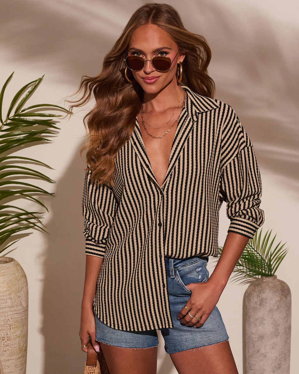 Deep End Contrast Stripe Button Down Top