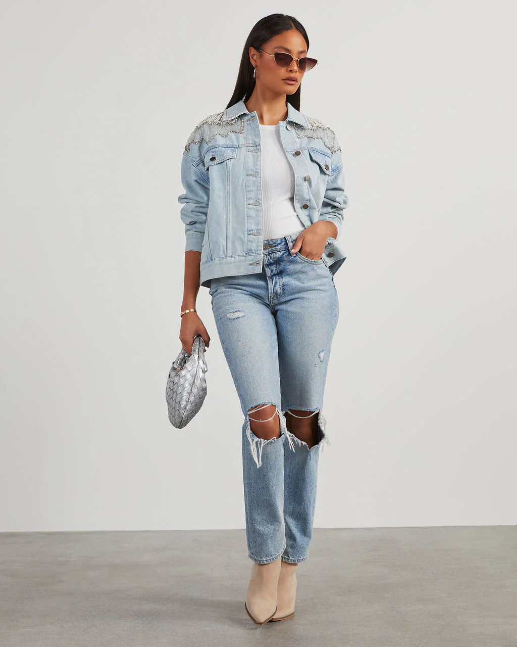 Delanie Pearl & Rhinestone Denim Jacket