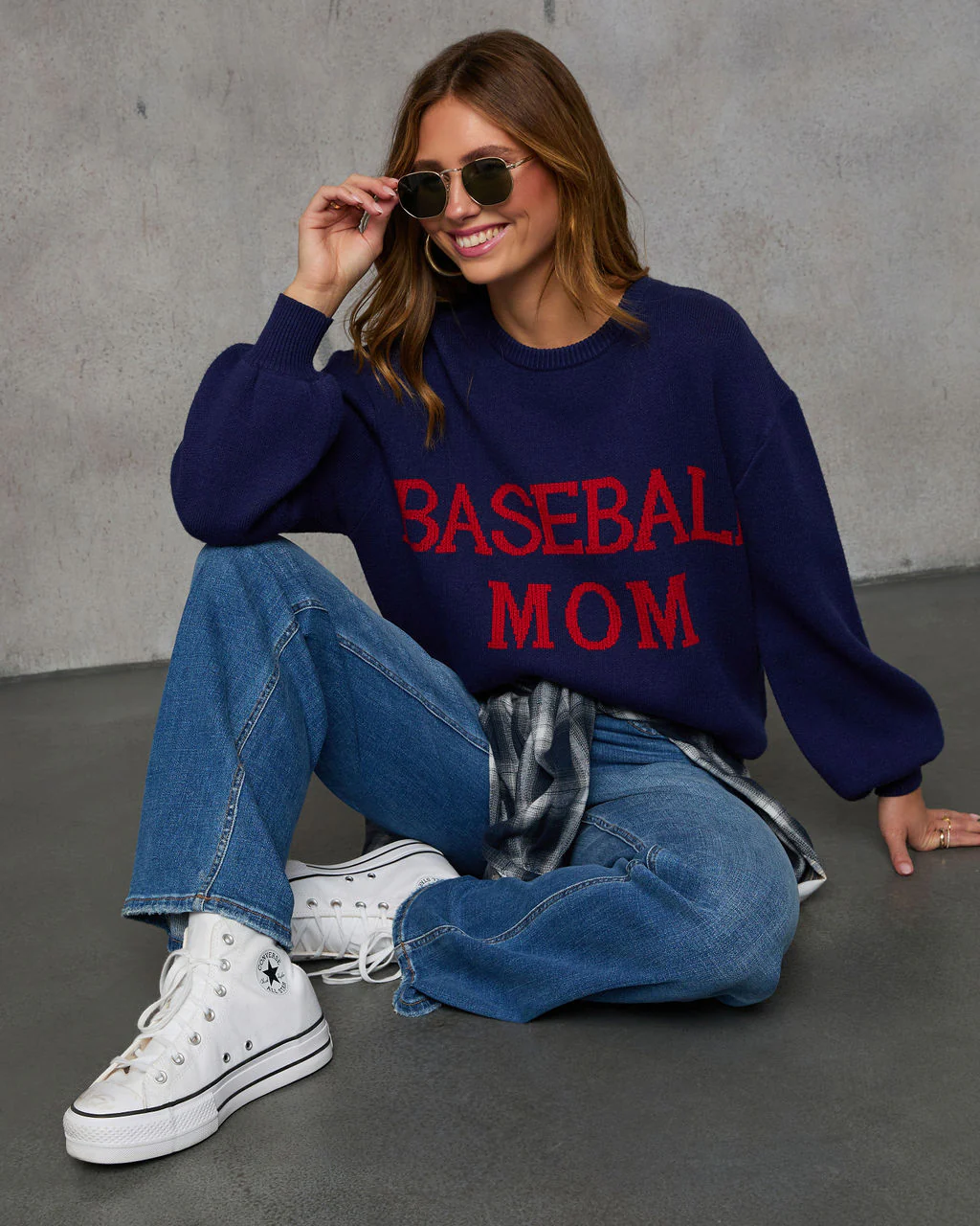 Baseball Mom Knit Pullover Sweater - Grey