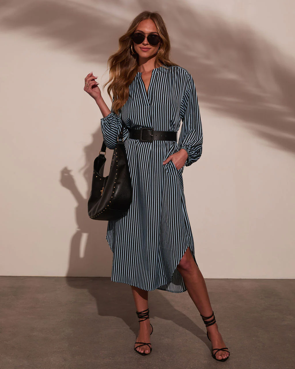 Dimarco Striped Pocketed Belted Midi Dress