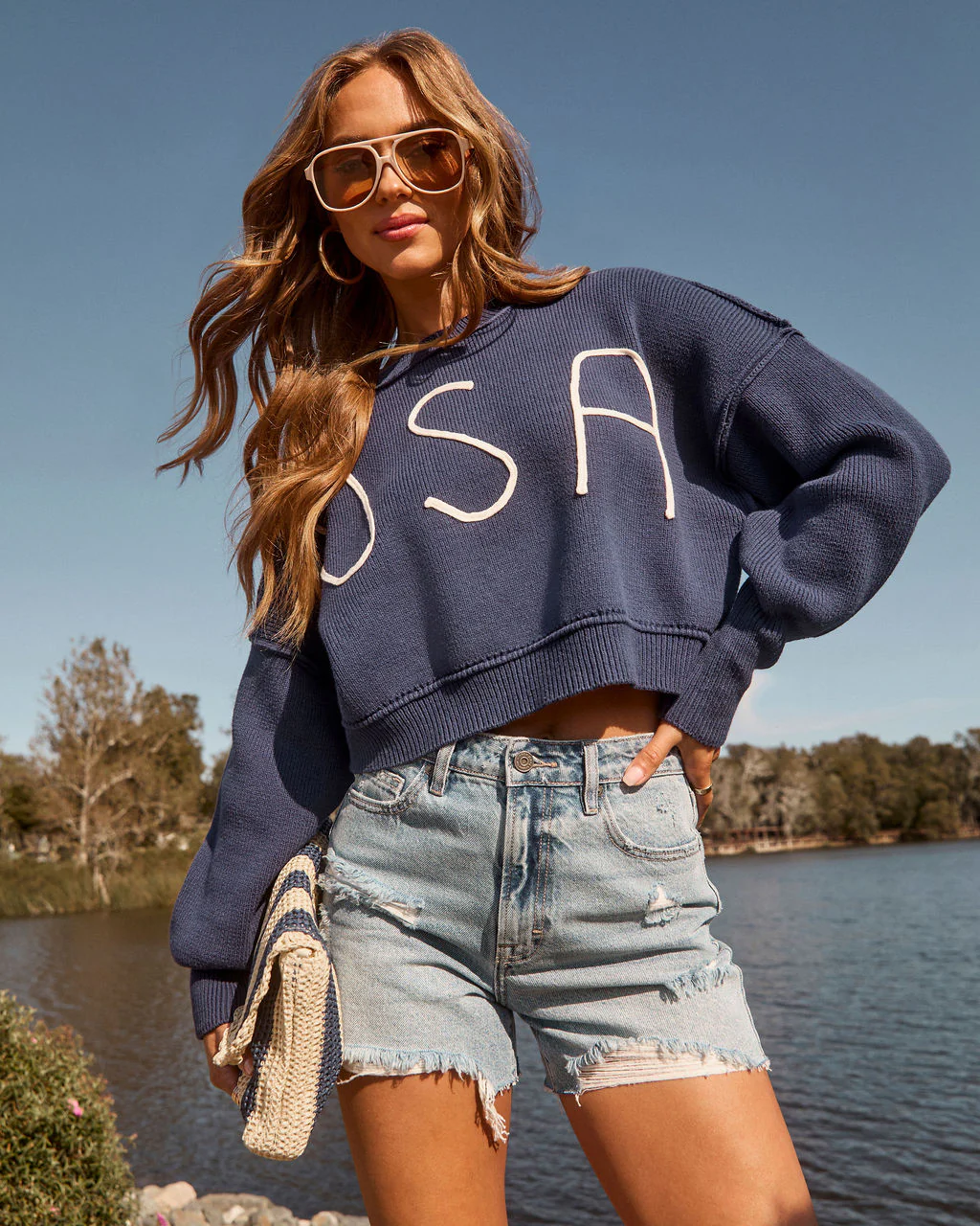 Elouise Cropped USA Crewneck Sweater