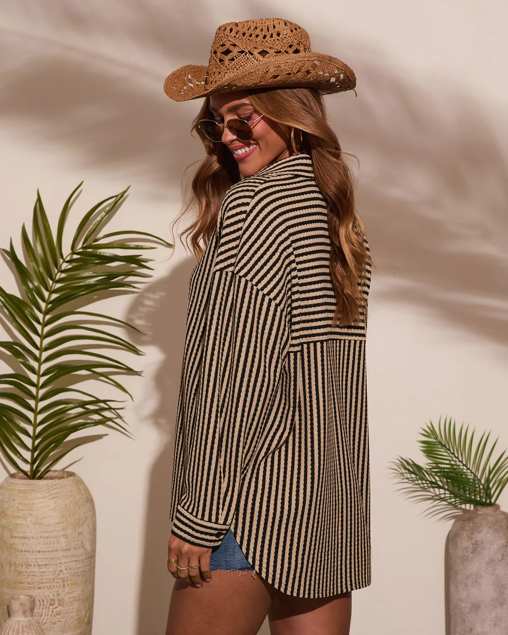 Deep End Contrast Stripe Button Down Top