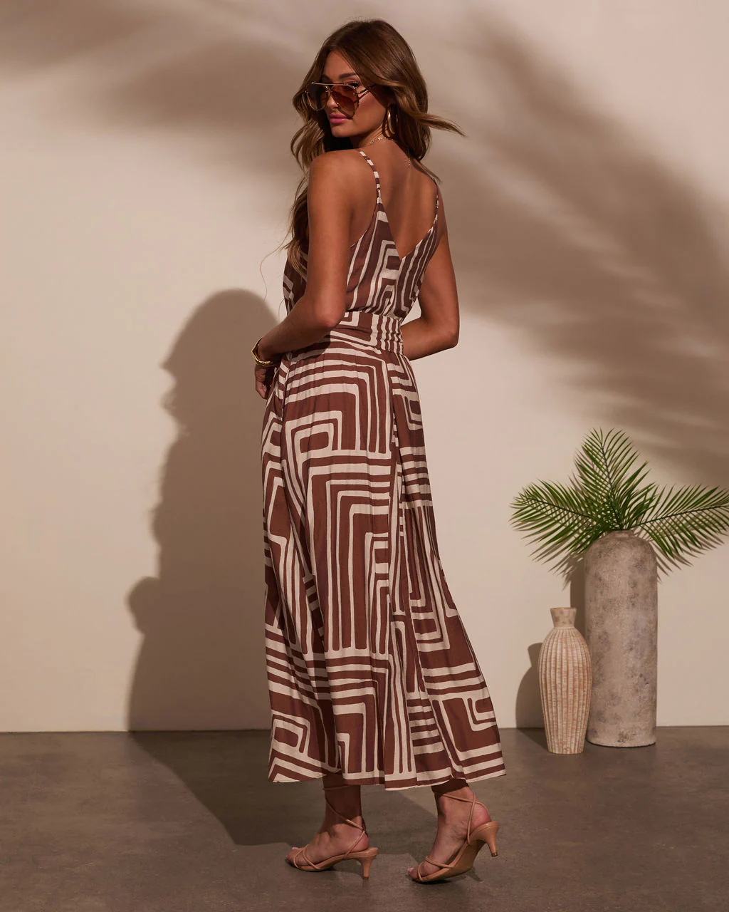 Daylight Drift Geo Print Waist Tie Midi Dress