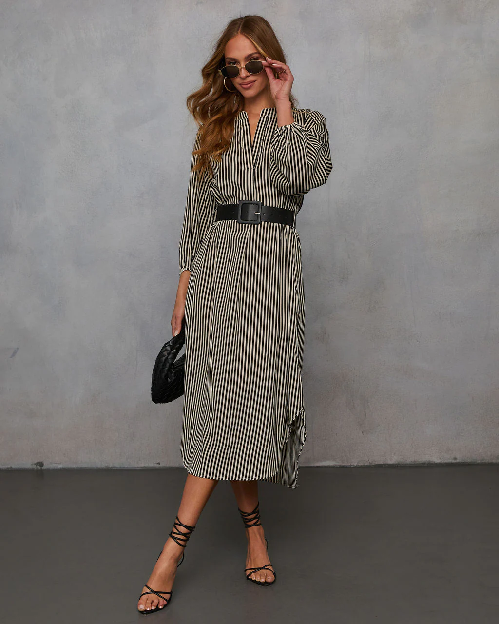 Dimarco Striped Pocketed Belted Midi Dress